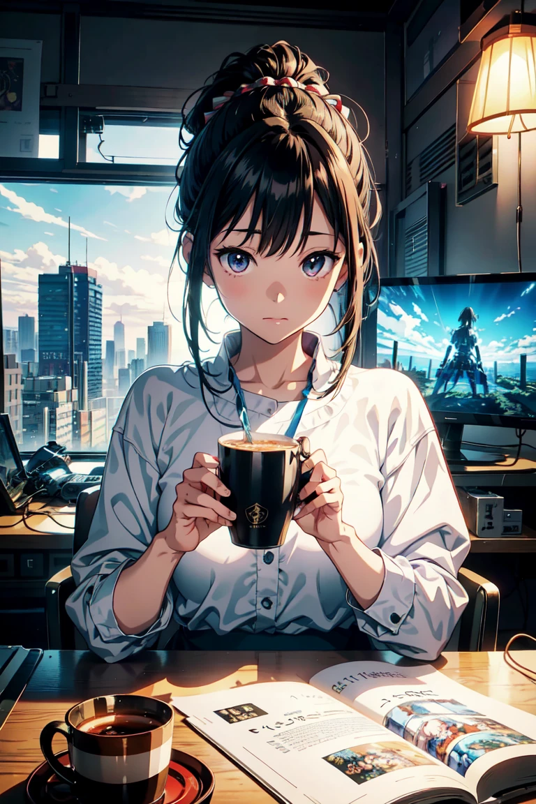 Close-up of a person sitting at a desk with a television, Smooth anime CG art, Anime very detailed, ( Highly detailed figures ), 8K high quality, detailed art, High quality and detailed animation, | Anime with attention to detail, Realistic Anime 3D Style, Hiro Yamagata, Eat and drink, Beautiful and detailed anime art, Half Yamada, Highly detailed official artwork