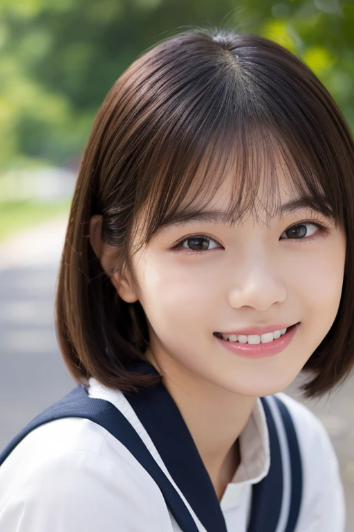 Cute Japanese、on the road、Highly detailed face、Pay attention to the details、double eyelid、Beautiful thin nose、Sharp focus:1.2、Beautiful woman:1.4、(short hair)、Pure white skin、Highest quality、masterpiece、Ultra-high resolution、(Realistic:1.4)、Highly detailed and professional lighting、nice smile、Japanese school girl uniform