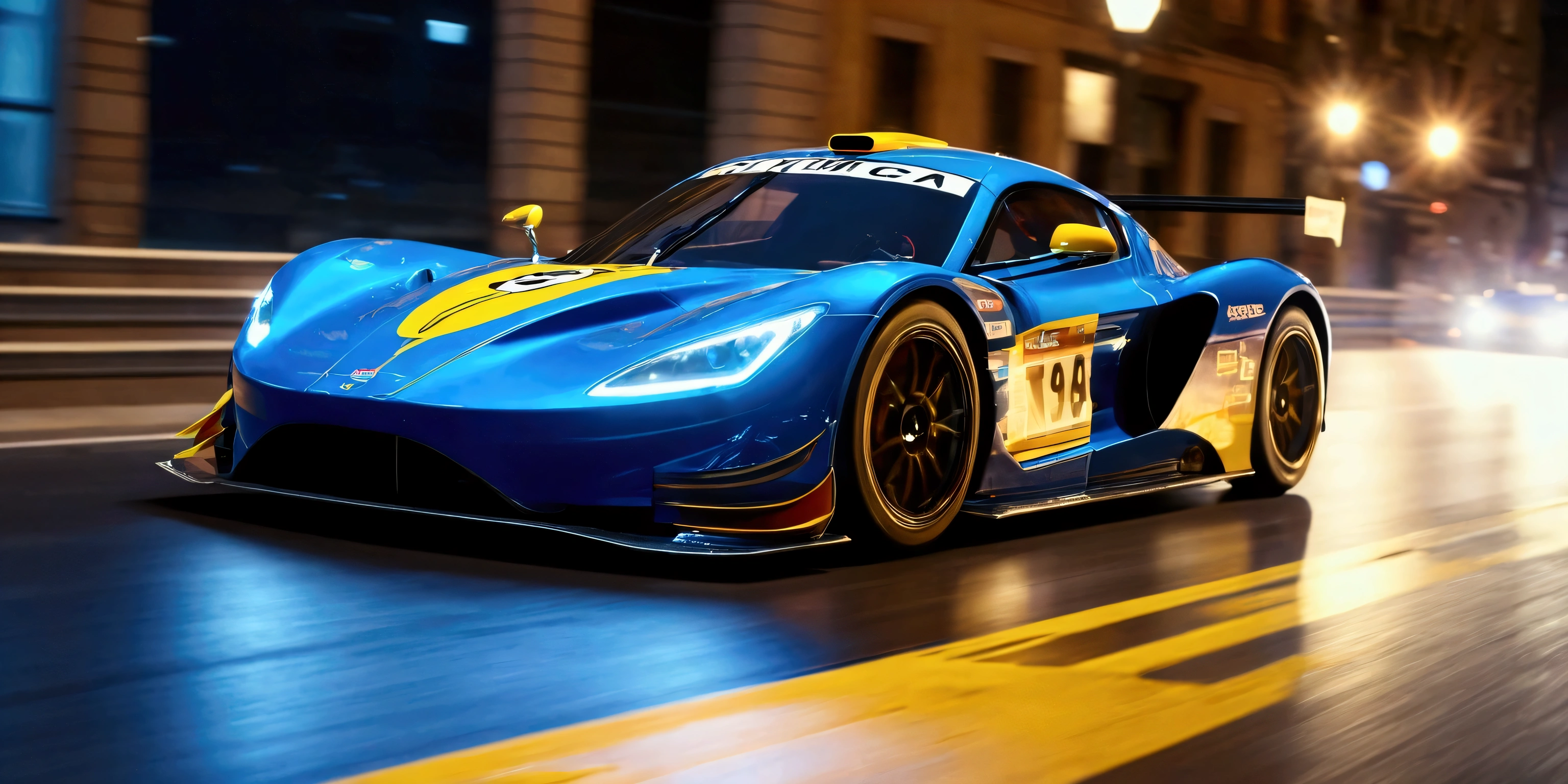 a Racing Car is racing through the streets of a night metropolis, blurred lights from high speed in the background, focusing on a Racing Car, the background is blurred due to the high speed of the Racing Car, lightning and energy discharges emanate from under the wheels of the Racing Car, indicating the great speed and power of the Racing Car, realistic, artistic photo, Racing Car in detail shown, attributes of Racing Street and road, cinematic frame, action, fast moving Racing Car