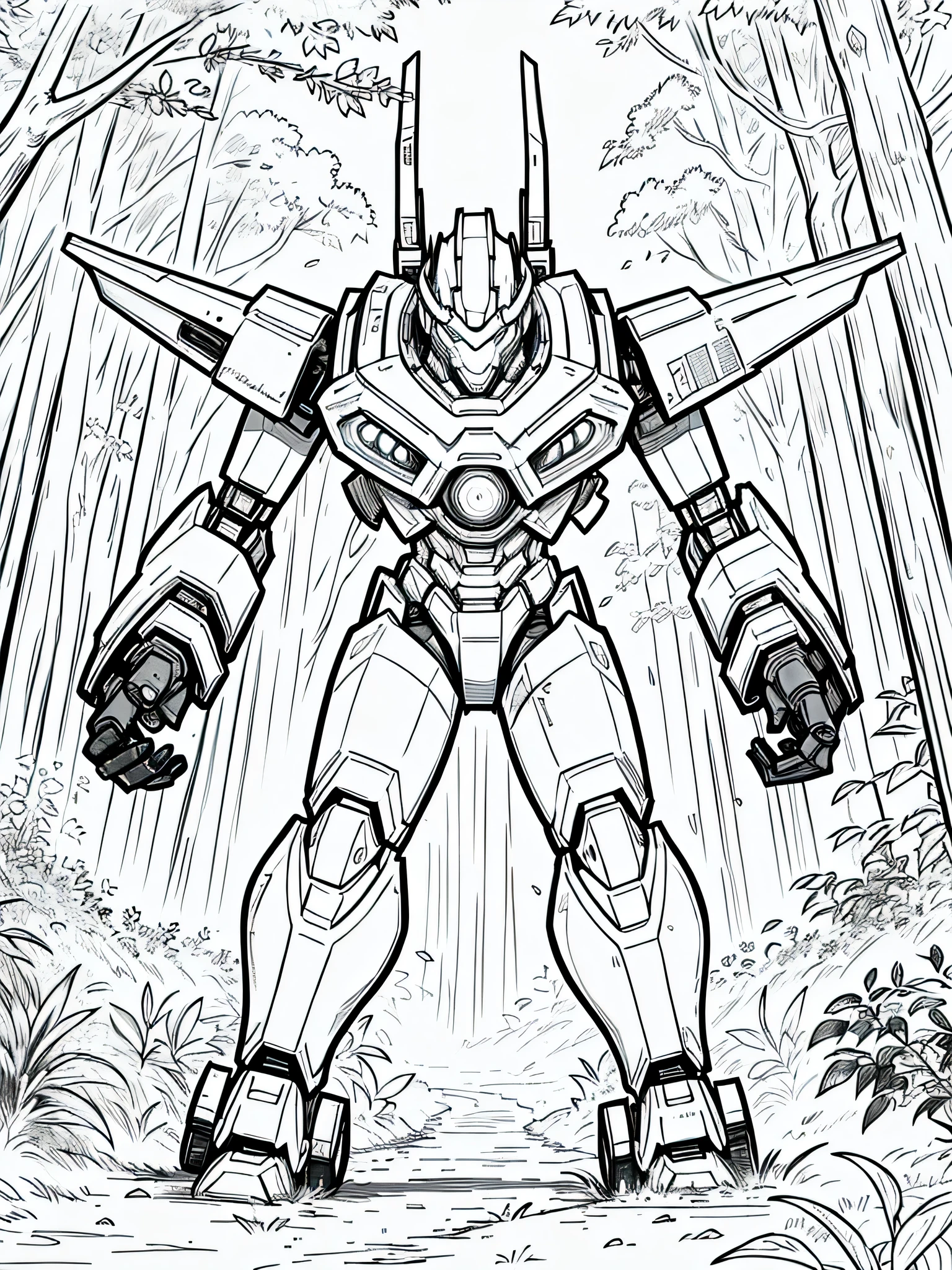 masterpiece, Best Quality, a mecha in the forest, closeup Line art, monochrome, clean lines, black and white, his summer, coloring book page,