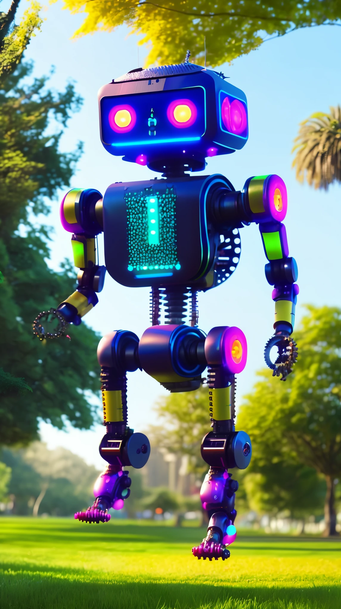 a cyberpunk mechanical creature, a robot humanoid, comically leaping in a lush park, highly detailed, intricate gears and mechanisms, vibrant colors, cinematic lighting, award winning digital art, octane render, 8K, HDR, hyper realistic, photorealistic, dynamic pose, playful expression, metallic surfaces, complex textures, nature elements, beautiful bokeh background