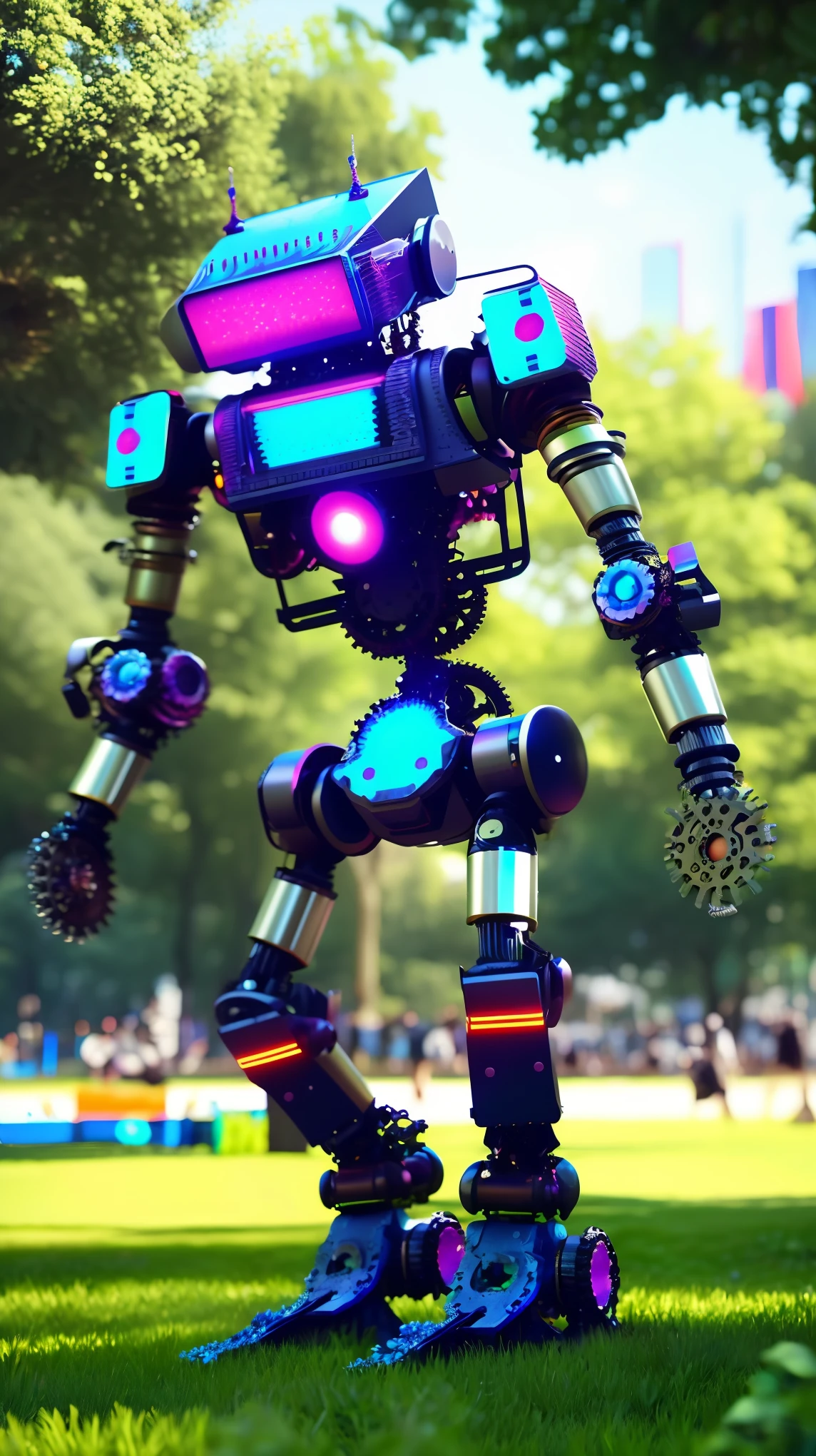 a cyberpunk mechanical creature, a robot humanoid, comically leaping in a lush park, highly detailed, intricate gears and mechanisms, vibrant colors, cinematic lighting, award winning digital art, octane render, 8K, HDR, hyper realistic, photorealistic, dynamic pose, playful expression, metallic surfaces, complex textures, nature elements, beautiful bokeh background