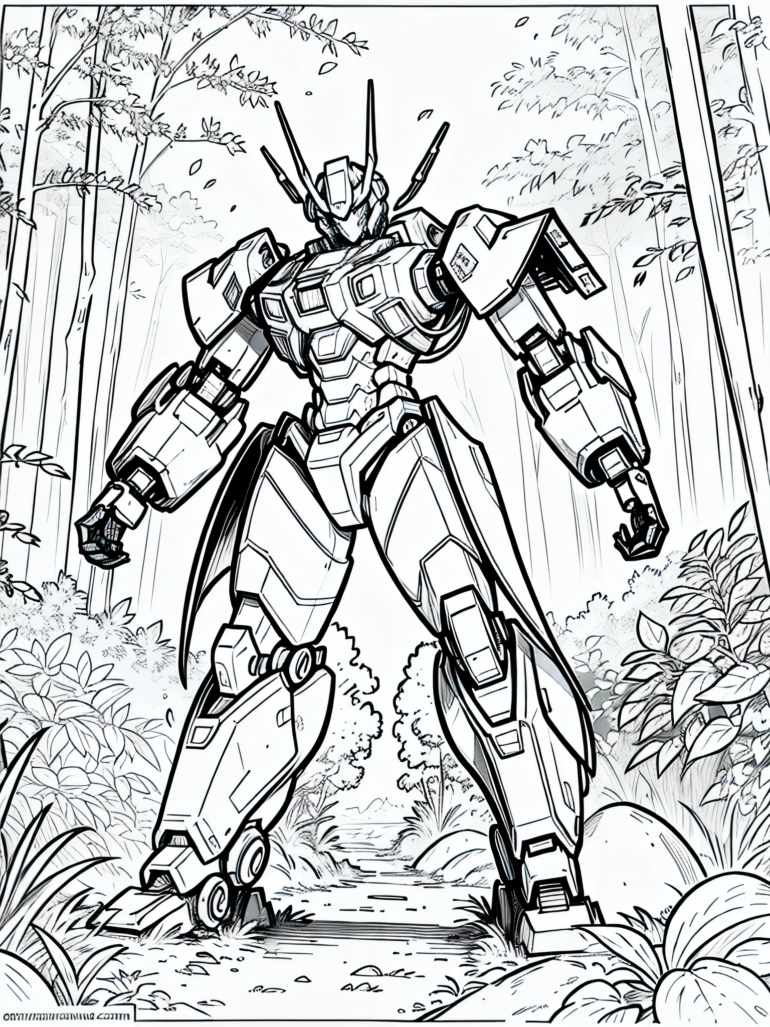 masterpiece, Best Quality, a mecha in the forest, closeup Line art, monochrome, clean lines, black and white, his summer, coloring book page,  
