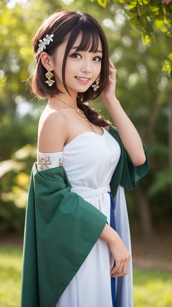 Smile, Looking at the audience, Hair accessories, Japanese clothes, side , Separate sleeves, Wide sleeves, Jewelry, earrings, Bare shoulders, 1 Girl, windy, outdoors, Digital SLR Camera, Bokeh, outdoor, Grass, Trees, evergreen, Sunlight, Sunlight, detailed, Ultra Detailed, high resolution, best quality, masterpiece, light,