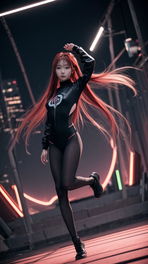 8k, RAW Photos, 最high quality, masterpiece: 1.2),Fisheye Lens、(((Wide View)))、Looking down、Fisheye Lens、Reach out and jump pose、Hair tousled by the wind、Full body photo、Red or orange neon、Cyberpunk movies、Raw photo of a beautiful 20-year-old Korean woman、halfface、The night deepens、Dark Room、high quality、More skin、Shiny skin、Clear Face、Cinematography、Hmph、Sharp focus