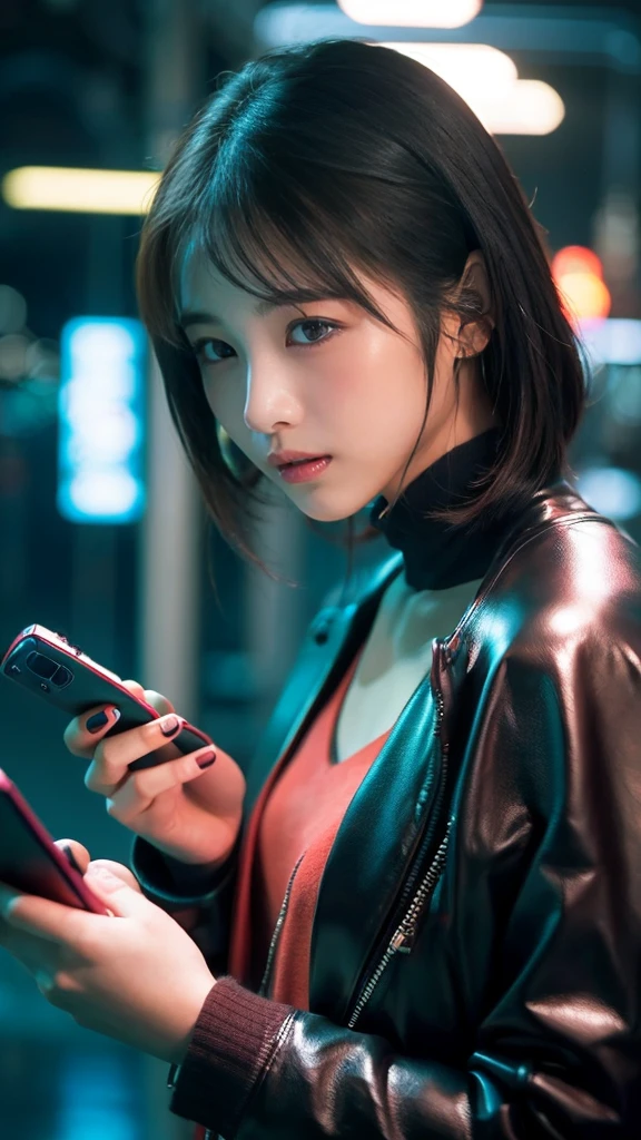 ((Beautiful girl holding a mobile phone in her hand)) 4K  8K:: Realistic::4. cyber punk::1 --v 4 --Quality 2  