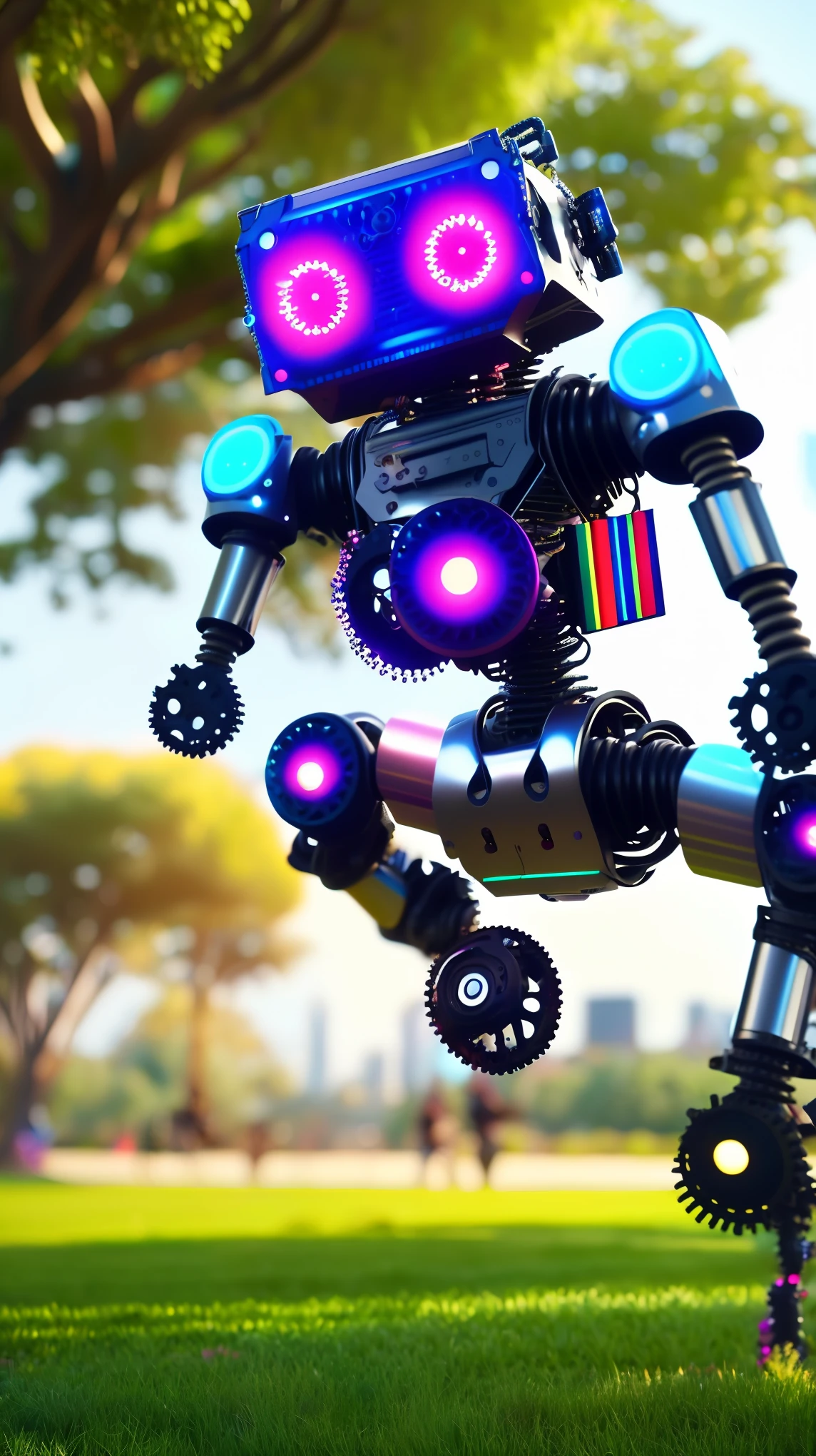 a cyberpunk mechanical creature, a robot humanoid, comically leaping in a lush park, highly detailed, intricate gears and mechanisms, vibrant colors, cinematic lighting, award winning digital art, octane render, 8K, HDR, hyper realistic, photorealistic, dynamic pose, playful expression, metallic surfaces, complex textures, nature elements, beautiful bokeh background