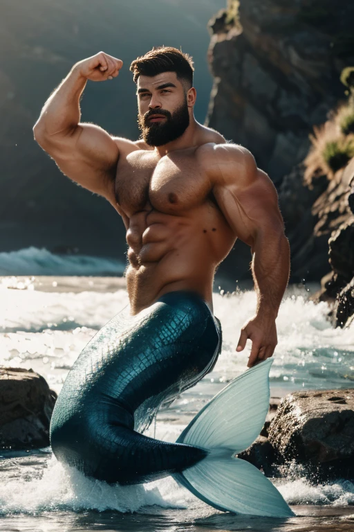 muscle male mermaid, merman, muscles, back, male bodybuilder, blue mermaid tails, short beard, black longhair, jumping from water, water, rocks, wallpaper