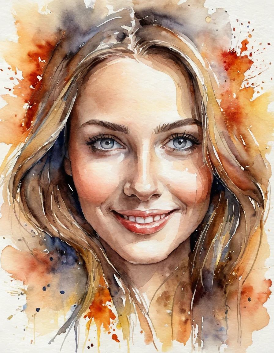 watercolor, Textured portrait of a beautiful woman with expressive eyes: Slavic appearance, Correct facial features, smile, radiating warmth and love.