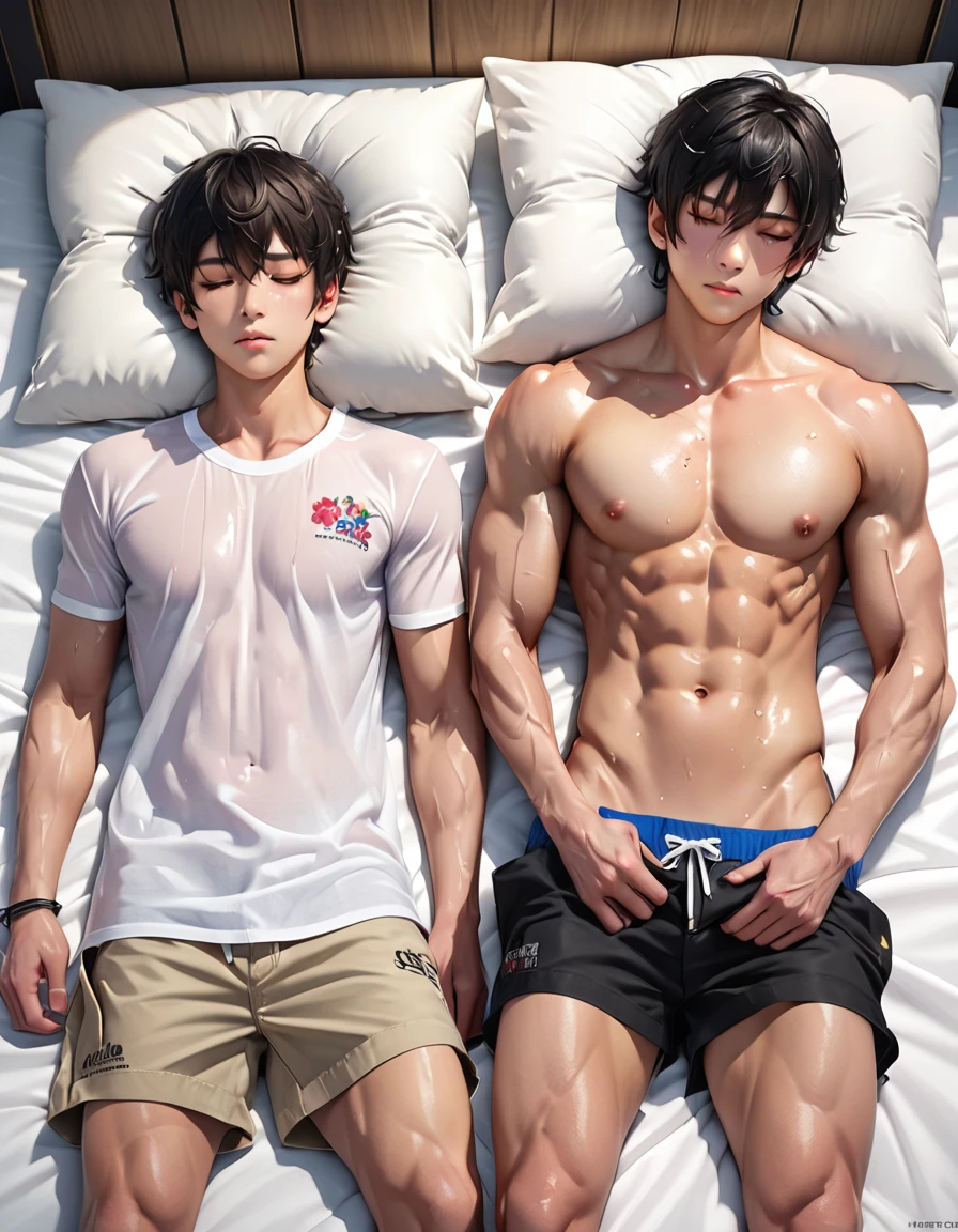 high quality, (two japanese  boys sleeping on the bed:1.5), (detailed eyes), (black 　short hair), (muscle:1.5), naked, (dark wet skin), (detailed puffy nipples:1.1), (boy's face Focus), cum on face, penis,best quality, 4k, 8k, highres, (masterpiece:1.2),ultra-detailed, (realistic, photorealistic, photo-realistic:1.37), looking at viewer,--no watch,