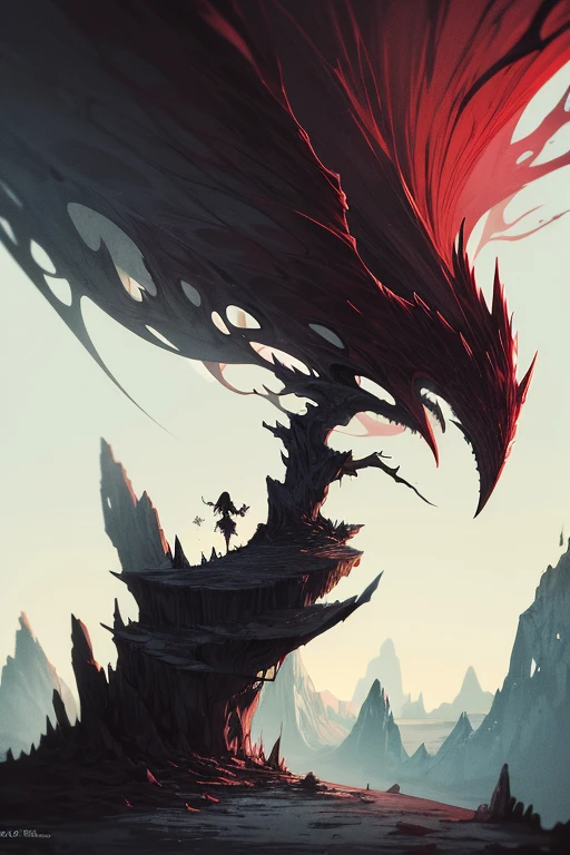 Cold scenario, darkly, death, One creature, fantasy creature, Scary creature, rocks, Dry, Dead Tree, mountain, Wallace, mist, spectral, Magic, Scary, Crows, intimidating, Inposing, superior, an artistic, Clouds, The Scary Way, Danger, ombre, dynamic, rich composition, Intricate, Detailed, shelter, landscape, Sketch, Incredibly beautiful sky, stars in thr sky, Scavengers, bloods, red fluid,
