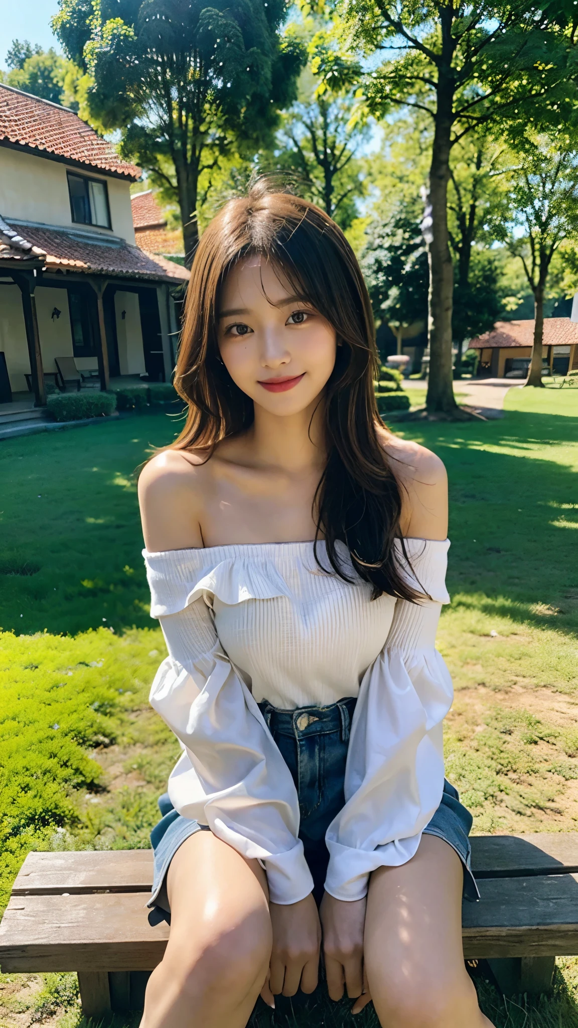 masterpiece, best quality, Full-HD, background photo, photorealistic, portrait, cowboy shot, front view, dutch angle shot, countryside, (Sitting with Knees Up, spread legs :1.3), side, seven-headed person, female, delightful, smiling, looking at viewer,  (off shoulder :1.3), dress, glamorous, 20-year-old, at noon, beautiful, cute, full body shot, sunlight, random color, random hair styles, random outfit, (no extra hand), (no sleeves)