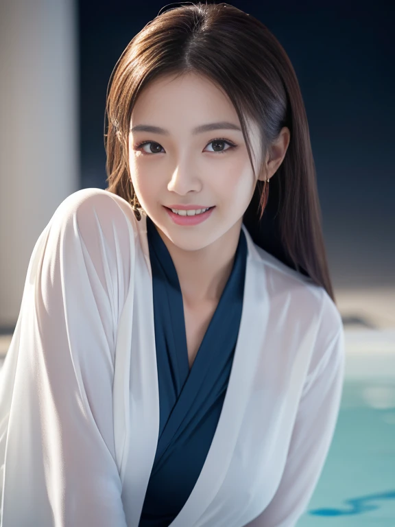 Latex bodysuit、Knee-high boots、Huge 、Long brown hair、Shiny, Oily skin、Glowing Skin、Indoor competition pool、White skin、Beautiful woman in kimono,Body Portrait、8k,Beautiful and beautiful eyes,Dindal effect、masterpiece, 最high quality, high quality, High resolution、Very detailed photos、(Natural skin texture、Fine skin、Hyperrealism、Ultra Sharpness)、Skin with attention to detail、(Very detailed、Fine skin texture、Intricate details、Beautiful Face、(A vivid face)、Realistic eyes、Beautiful and detailed、Realistic Skin、Beautiful Skin、Surreal、Very detailed、Golden Ratio、With a smile、((Night moonlight background))、Body Portrait、Shinyボディスーツ
