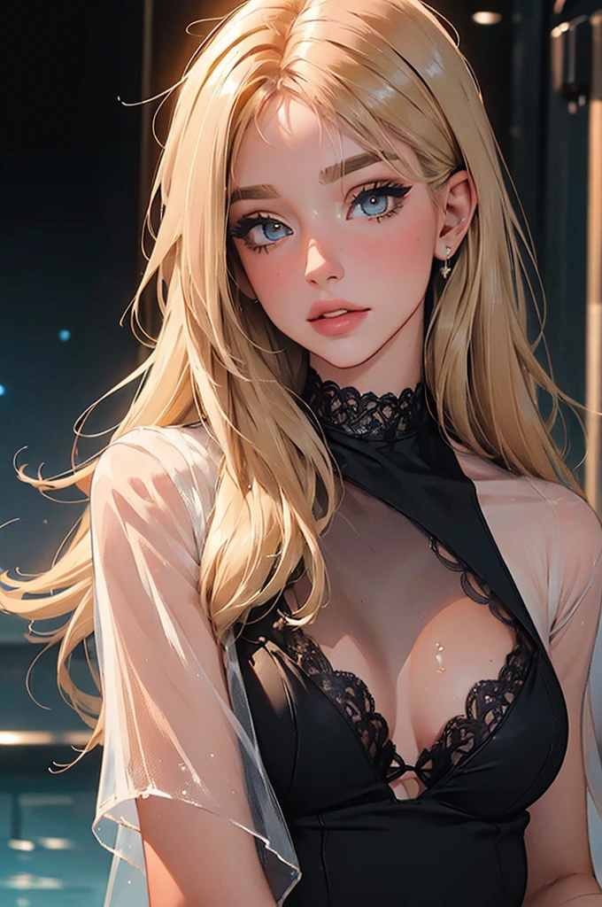 ((((masterpiece, best quality, high resolution)))), Extremely detailed 8K, Beautiful girl with slender body, e-girl, (Ultra HD, Ultra-detailed, Highly detailed, Highly realistic, Ultra-realistic, photograph realistic), (1girl:1.5), (Realistic blonde hair with dark roots), wavy hair, boho bob cut,(dark makeup, pink eyeshadow), facing at camera, light smile, (white and gold outfit, see through clothes, wet skin). (space cruise)