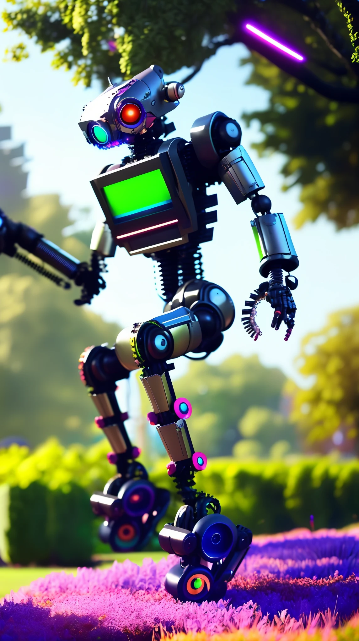 a cyberpunk mechanical creature, a robot humanoid, comically leaping in a lush park, highly detailed, intricate gears and mechanisms, vibrant colors, cinematic lighting, award winning digital art, octane render, 8K, HDR, hyper realistic, photorealistic, dynamic pose, playful expression, metallic surfaces, complex textures, nature elements, beautiful bokeh background