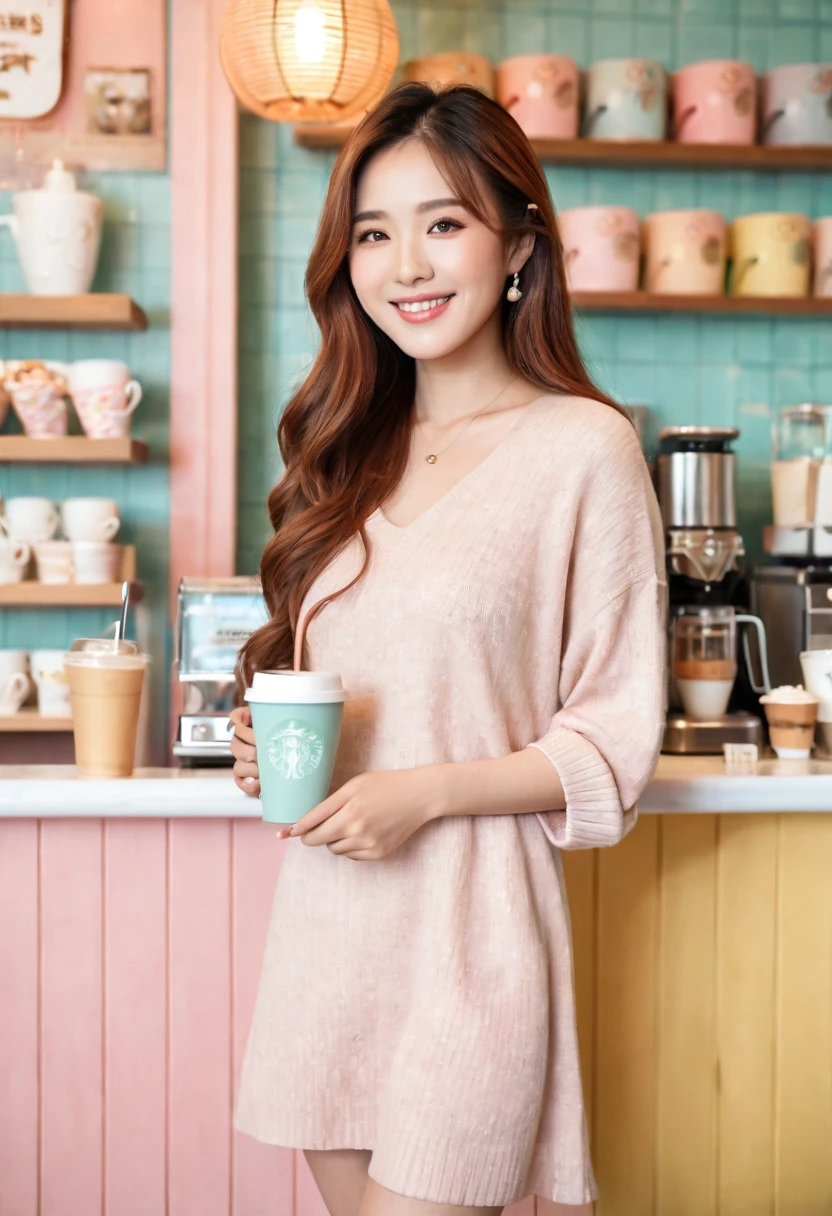 A full body shot of a beautiful Asian actress with long brown-colored hair, detailed beautiful hazel eyes, detailed beautiful face, detailed beautiful fingers, standing in a pastel-themed coffee shop. She is holding a cup of coffee in her hand, posing gracefully with a warm smile. The coffee shop interior is cozy and decorated in soft pastel colors, creating a charming and inviting atmosphere. The lighting is natural and gentle, enhancing the soft and pleasant ambiance of the scene.