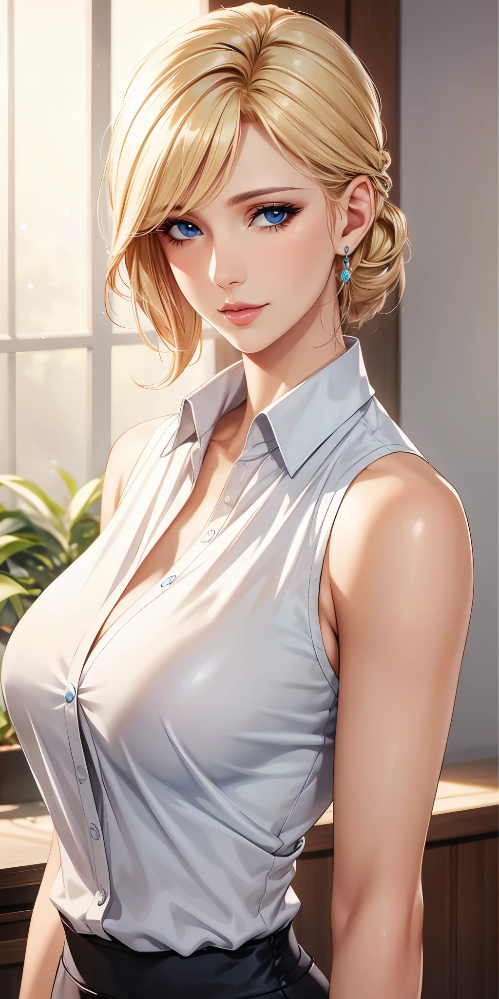 Elegant mature woman, blue eyes, blonde hair, soft light, 4k resolution, high quality, beautiful cg