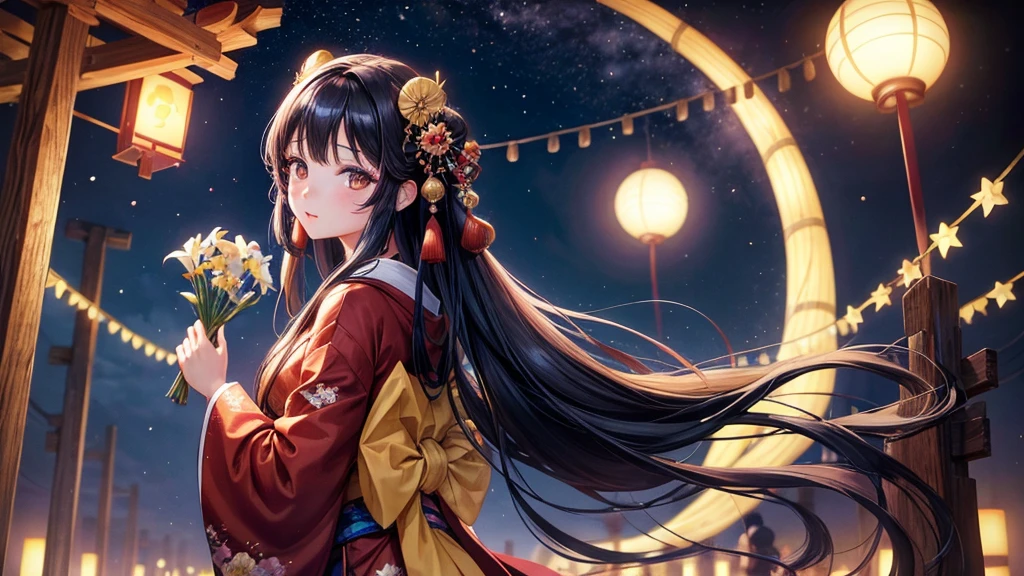 One girl, Long black hair, Brown eyes, Wearing a beautiful Japanese kimono, Mount Horai Kaguya,hair ornaments, hair 花, Wide sleeves, Iris, bamboo, View your viewers, night, star (null), Ruffle sleeves, null, night null,night,High resolution, Super sharp, 8k, masterpiece