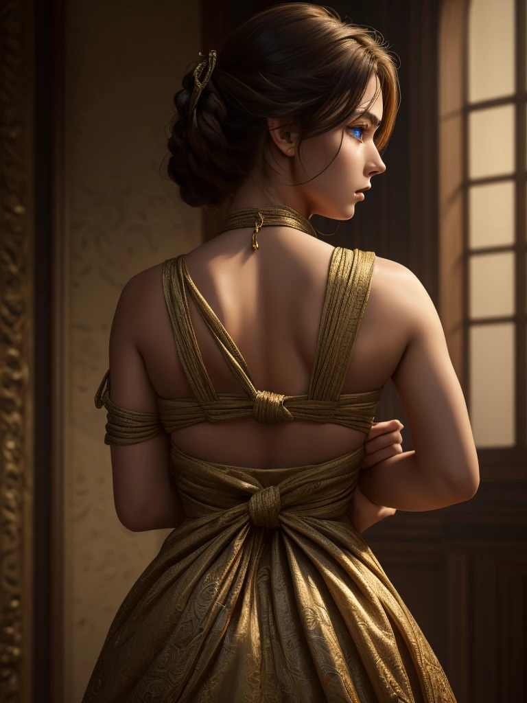 8k, Raw photo, Highest quality, masterpiece:1.2), masterpiece, Highest quality, figure, Very detailed, Fine details, High resolution, 8k,wallpaper, Perfect dynamic composition,(Detailed high quality, Realistic depiction of eyes:1.3)、A woman who has been kidnapped and has her hands tied、Arms wrapped around his back, hands tie behind back, I'm on top of a hill with a spectacular view of an old castle in the distance.、Sitting on a bench、((( With legs apart、Her white panties are visible between her skirt and legs.)))、(((Short sleeve blouse、mini skirt)))、whole body、The whole thing faces forward、21 years old、I am a TV personality.、Beauty、Well-formed face、Make your eyes even、Beautiful black hair、Has bangs、Small face、Well-balanced proportions、Beautiful legs、Fresh face、Beautiful scenery、(((Viewers gaze forward)))、