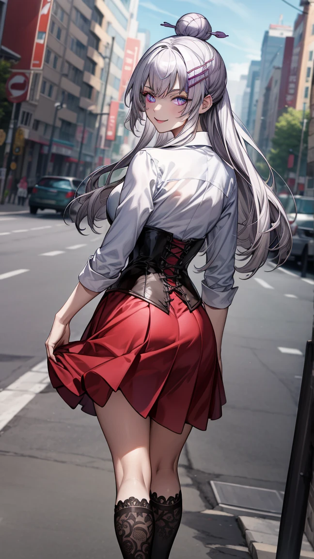 frolaytiacapistrano, frolaytia capistrano, long hair, bangs, hair ornament, (purple eyes:1.3), white hair, hair bun, single hair bun, 
BREAK (konekouniform, , white shirt, skirt, red skirt, black ribbon, masterpiece, black corset, kneehighs, black socks:1.2), 
BREAK smile,outdoors, city, walking, from behind looking at viewer, pov(from below),
BREAK (art: 1.2), best quality, high resolution, 8k unitary, (illustration: 0.8), (beautiful detailed eyes: 1.6), extremely detailed face, perfect lighting, extremely detailed in CG, (perfect hands, perfect anatomy),