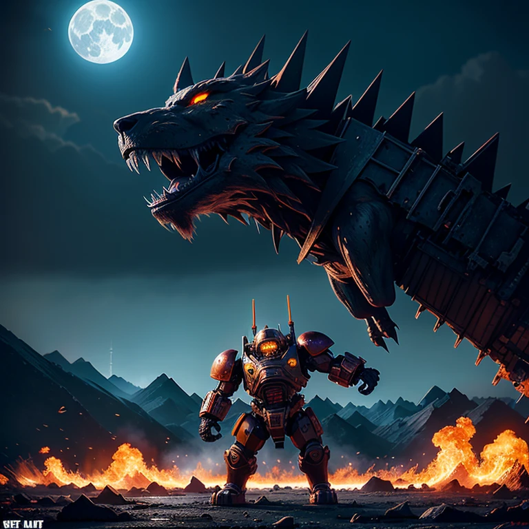 4_legged_mechanical_beast_covered_in_fire, roaming_a_destroyed_metropolis_waste_land, getting_hit_by_ice_blasts_from_brave_warriors_afar, full_moon_on_background, shattered_land, acid_rain_falling_from_above, (best_quality:1.7)