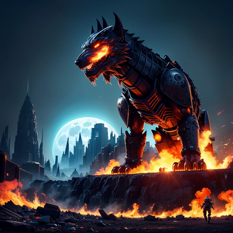4_legged_mechanical_beast_covered_in_fire, roaming_a_destroyed_metropolis_waste_land, getting_hit_by_ice_blasts_from_brave_warriors_afar, full_moon_on_background, shattered_land, acid_rain_falling_from_above, (best_quality:1.7)