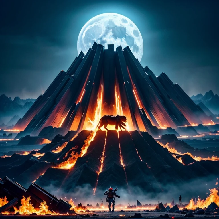4_legged_mechanical_beast_covered_in_fire, roaming_a_destroyed_metropolis_waste_land, getting_hit_by_ice_blasts_from_brave_warriors_afar, full_moon_on_background, shattered_land, acid_rain_falling_from_above, (best_quality:1.7)