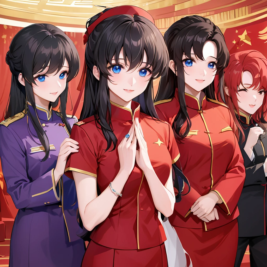((Highest quality)), ((masterpiece)), (detailed), (Perfect Face)、The woman is a Chinese Lacus Clyne with blue eyes and medium-long black hair. She is wearing an engagement ring. She has become a member of the glorious Chinese Communist Party and has sworn absolute loyalty to the Chinese Communist Party. She is a righteous Communist Party member of China.、The woman is a member of the Chinese Communist Party and is wearing a Mao suit.、For the sake of China, they dye their hair, hairstyle, clothes, and everything they wear belongs to the Chinese Communist Party, and their thoughts are also Chinese, becoming great Chinese in body and mind.、The woman became Lacus Clyne, a Chinese woman who was proud of and loved China.