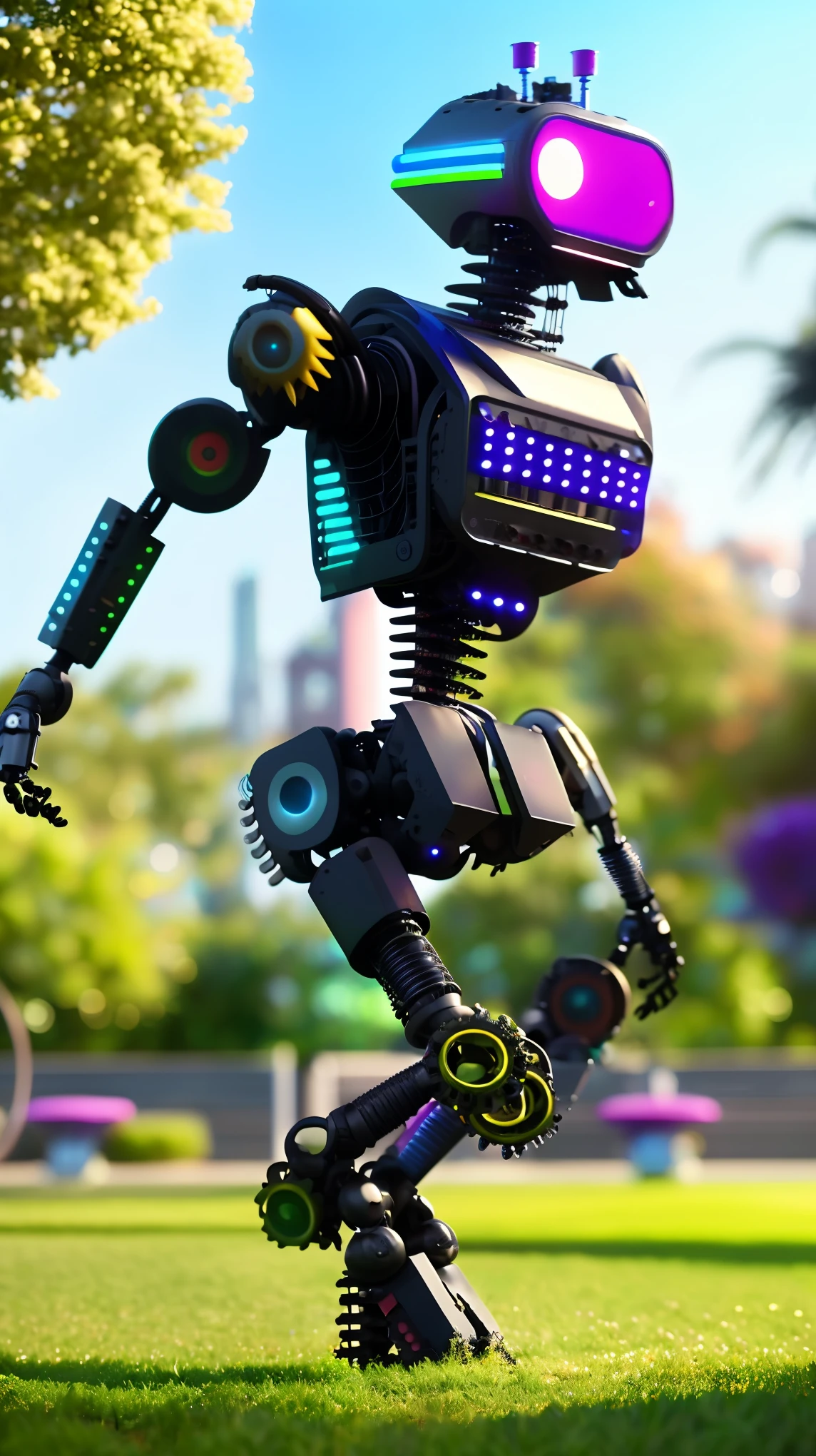 a cyberpunk mechanical creature, a robot humanoid, comically leaping in a lush park, highly detailed, intricate gears and mechanisms, vibrant colors, cinematic lighting, award winning digital art, octane render, 8K, HDR, hyper realistic, photorealistic, dynamic pose, playful expression, metallic surfaces, complex textures, nature elements, beautiful bokeh background