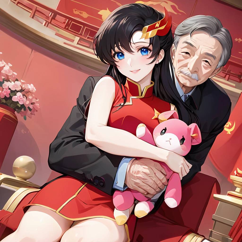 ((Highest quality)), ((masterpiece)), (detailed), （Perfect Face）、The woman is a Chinese Lacus Clyne with blue eyes and medium-long black hair. She is wearing an engagement ring. She has become a member of the glorious Chinese Communist Party and has sworn absolute loyalty to the Chinese Communist Party. She is a righteous Communist Party member of China.、The woman is wearing the fine red uniform of a Chinese Communist Party member.、For the sake of China, they dye their hair, hairstyle, clothes, and everything they wear belongs to the Chinese Communist Party, and their thoughts are also Chinese, becoming great Chinese in body and mind.、The woman became Lacus Clyne, a Chinese woman who was proud of and loved China.、The woman is chosen by a great Chinese Communist Party official and is given the honor of becoming his wife.、The woman looks happy being held in the arms of a great Chinese Communist Party official.、The woman is the wife of a glorious Chinese Communist Party official.、The man is a great Chinese Communist Party official, a dignified and imposing old man who marries the woman.