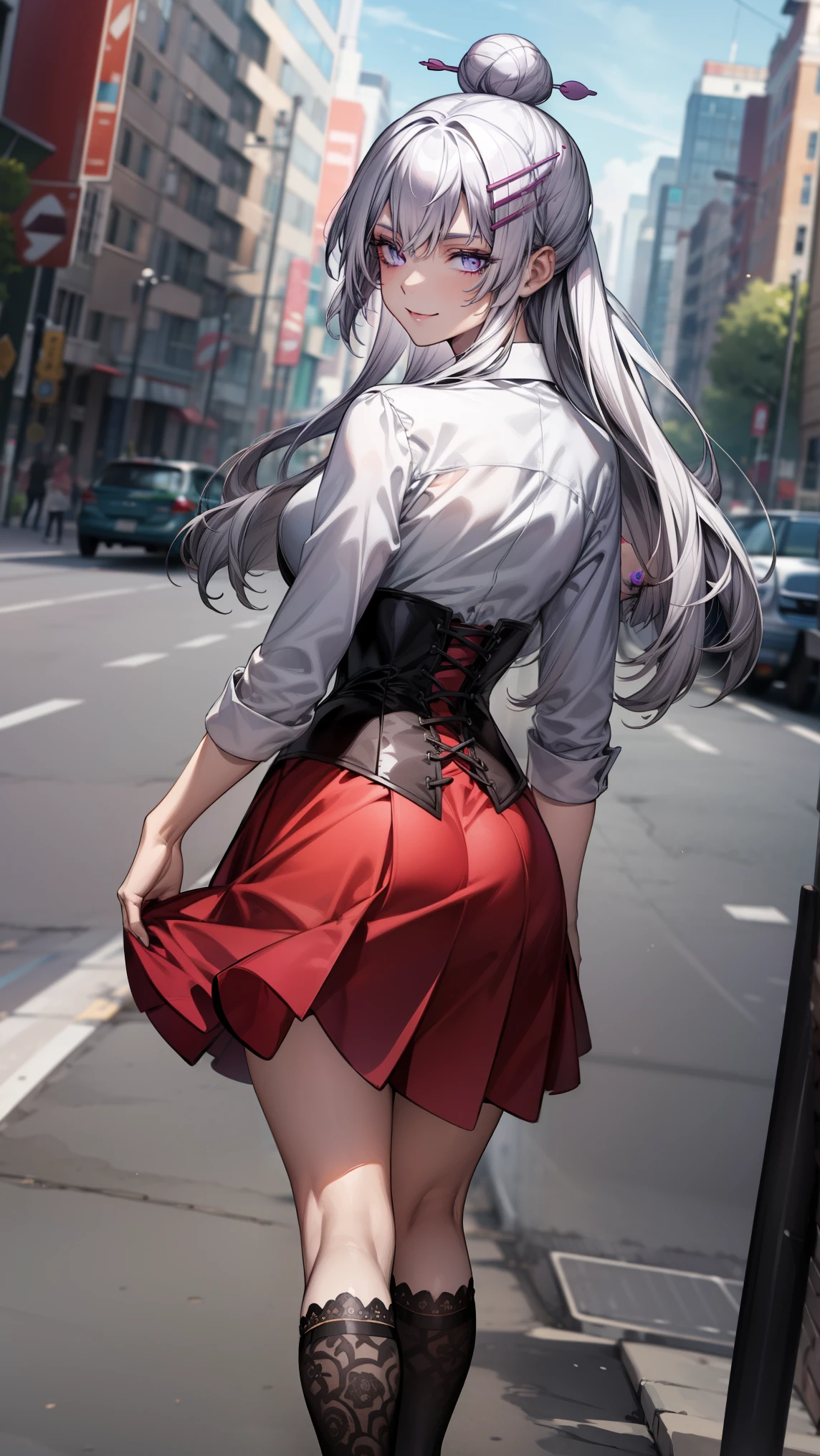 frolaytiacapistrano, frolaytia capistrano, long hair, bangs, hair ornament, (purple eyes:1.3), white hair, hair bun, single hair bun, 
BREAK (konekouniform, , white shirt, skirt, red skirt, black ribbon, masterpiece, black corset, kneehighs, black socks:1.2), 
BREAK smile,outdoors, city, walking, from behind looking at viewer, pov(from below),
BREAK (art: 1.2), best quality, high resolution, 8k unitary, (illustration: 0.8), (beautiful detailed eyes: 1.6), extremely detailed face, perfect lighting, extremely detailed in CG, (perfect hands, perfect anatomy),