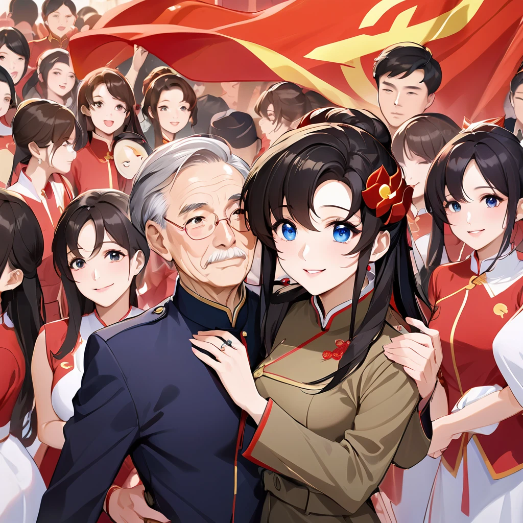 ((Highest quality)), ((masterpiece)), (detailed), (Perfect Face)、The woman is a Chinese Lacus Clyne with blue eyes and medium-long black hair. She is wearing an engagement ring. She has become a member of the glorious Chinese Communist Party and has sworn absolute loyalty to the Chinese Communist Party. She is a righteous Communist Party member of China.、The woman is a member of the Chinese Communist Party and is wearing a khaki Mao suit.、For the sake of China, they dye their hair, hairstyle, clothes, and everything they wear belongs to the Chinese Communist Party, and their thoughts are also Chinese, becoming great Chinese in body and mind.、The woman became Lacus Clyne, a Chinese woman who was proud of and loved China.、The woman is chosen by a great Chinese Communist Party official and is given the honor of becoming his wife.、The woman looks happy being held in the arms of a great Chinese Communist Party official.、The woman is the wife of a glorious Chinese Communist Party official.、The man is a great Chinese Communist Party official, a dignified and imposing old man who marries the woman.