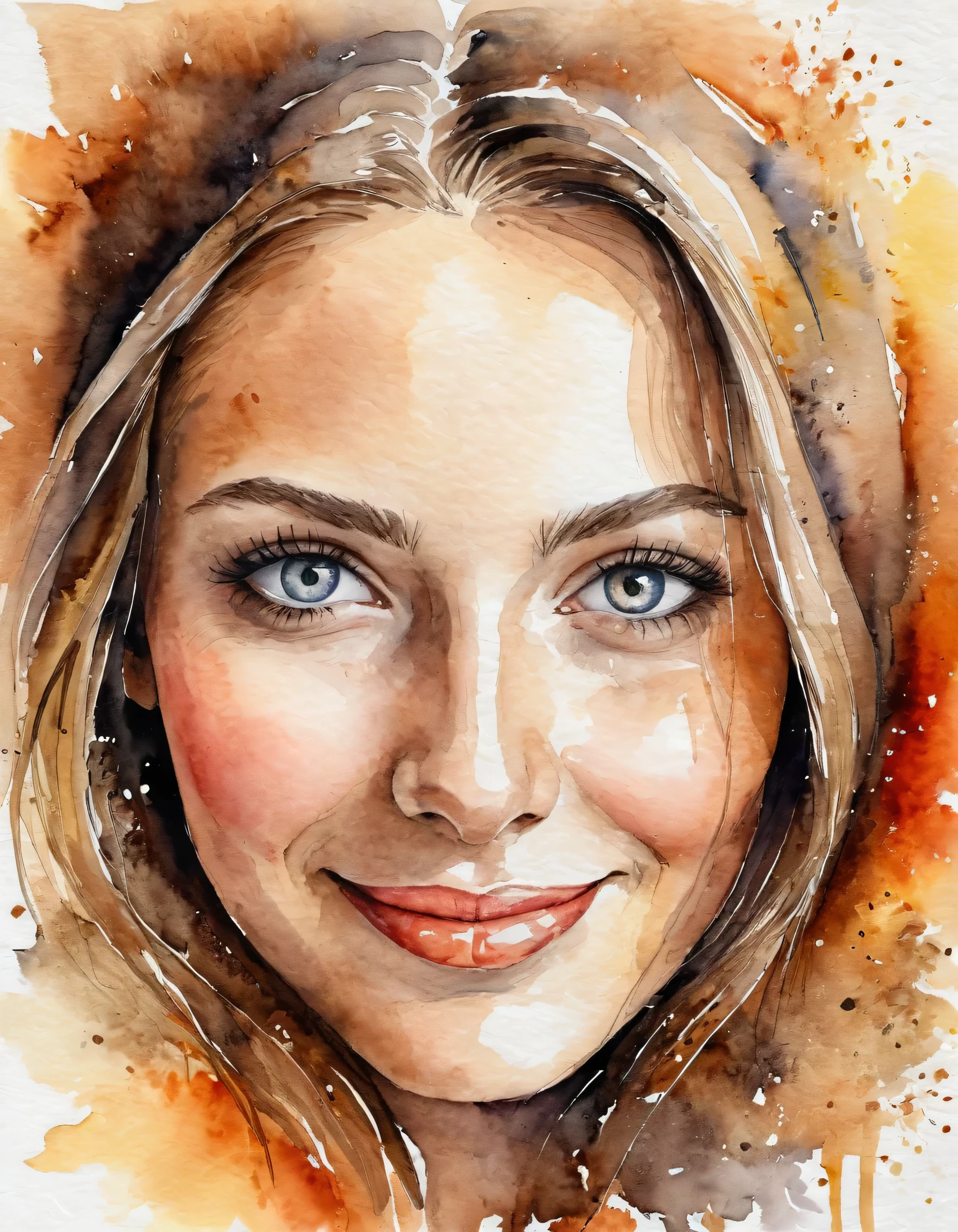 watercolor, Textured portrait of a beautiful woman with expressive eyes: Slavic appearance, Correct facial features, smile, radiating warmth and love.