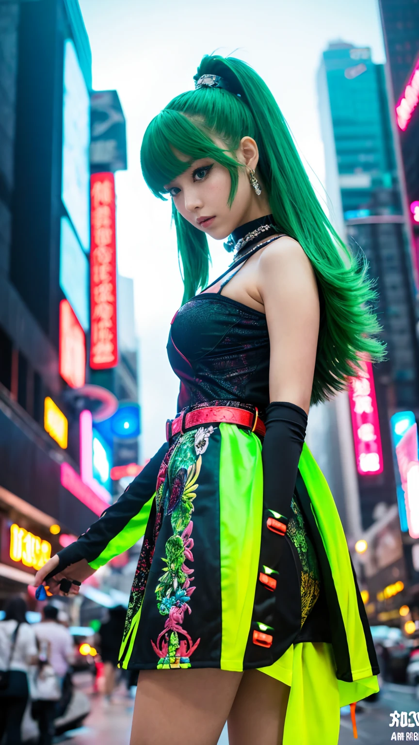 masterpiece, Highest quality, Wear unique Harajuku style clothing,The mint green colour stands out,Bold colors and patterns, Eye-catching accessories, Trendy and innovative hairstyles, Bright makeup, Dazzling cyberpunk cityscapes, Skyscraper, Neon Signs, LED Light, Bright and vivid color scheme, anime, shape, Fine skin, High quality fabric, Intricate details, Very detailed,Low - Angle, whole body, vision(avert your eyes:1.4),Dynamic pose、Hand holding a sword、With a sword in hand.