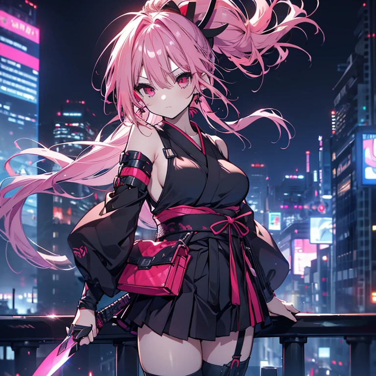 1 girl、Mature、Ample breasts、Red Eyes、Pink Hair、Long Hair、ponytail、Ninja、Armament、kimono、Shoulder Bare、Miniskirt、Arm Covers、Pointed handbag、I don't want、Ninja、knife、Battle Scenes、cool、Downtown、Night view、Rooftop、