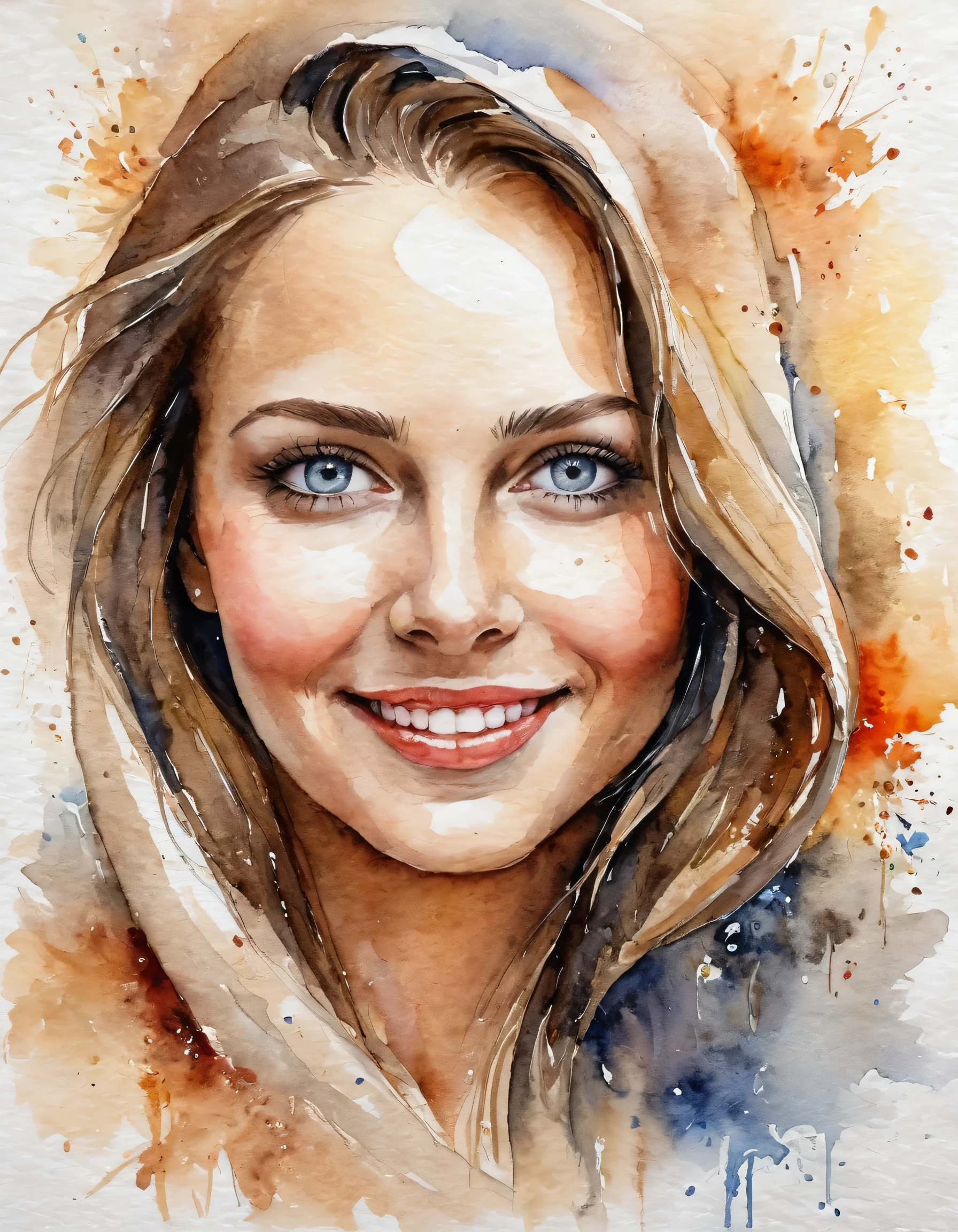 watercolor, Textured portrait of a beautiful woman with expressive eyes: Slavic appearance, Correct facial features, smile, radiating warmth and love.