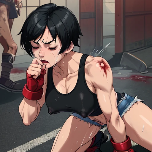 fulbody. a male streetfighter is grabing her hair from behind her. a bloody beautiful young Japanese female streetfighter is beated down in the backstreet. Blood is dripping from her nose. She is covered in scars and bruises. She's on all fours. she is damaged terribry. she was defeated. she lost the fight. she was knocked out. Short-cut black hair, out of breath, drooling from mouth, crying, exhausted, drenched in sweat. one eye closed, Erect nipples. open finger glove. denim shorts, sports-bra