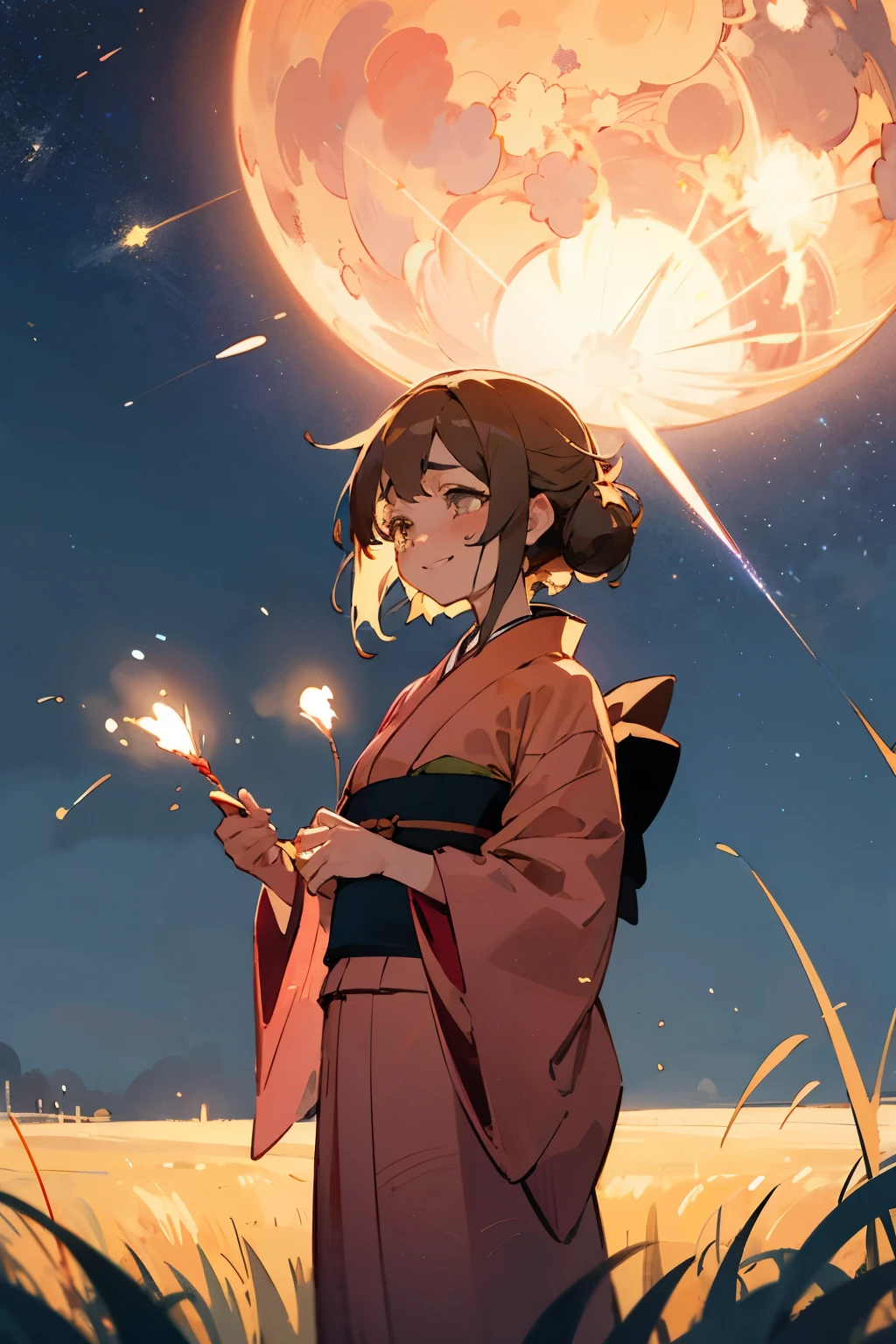 a brow hair girl wearing a kimono under a starry night sky. The night sky has a pink and yellow comet. The girl is standing in a grassy field, smiling and crying, holding a red thread.