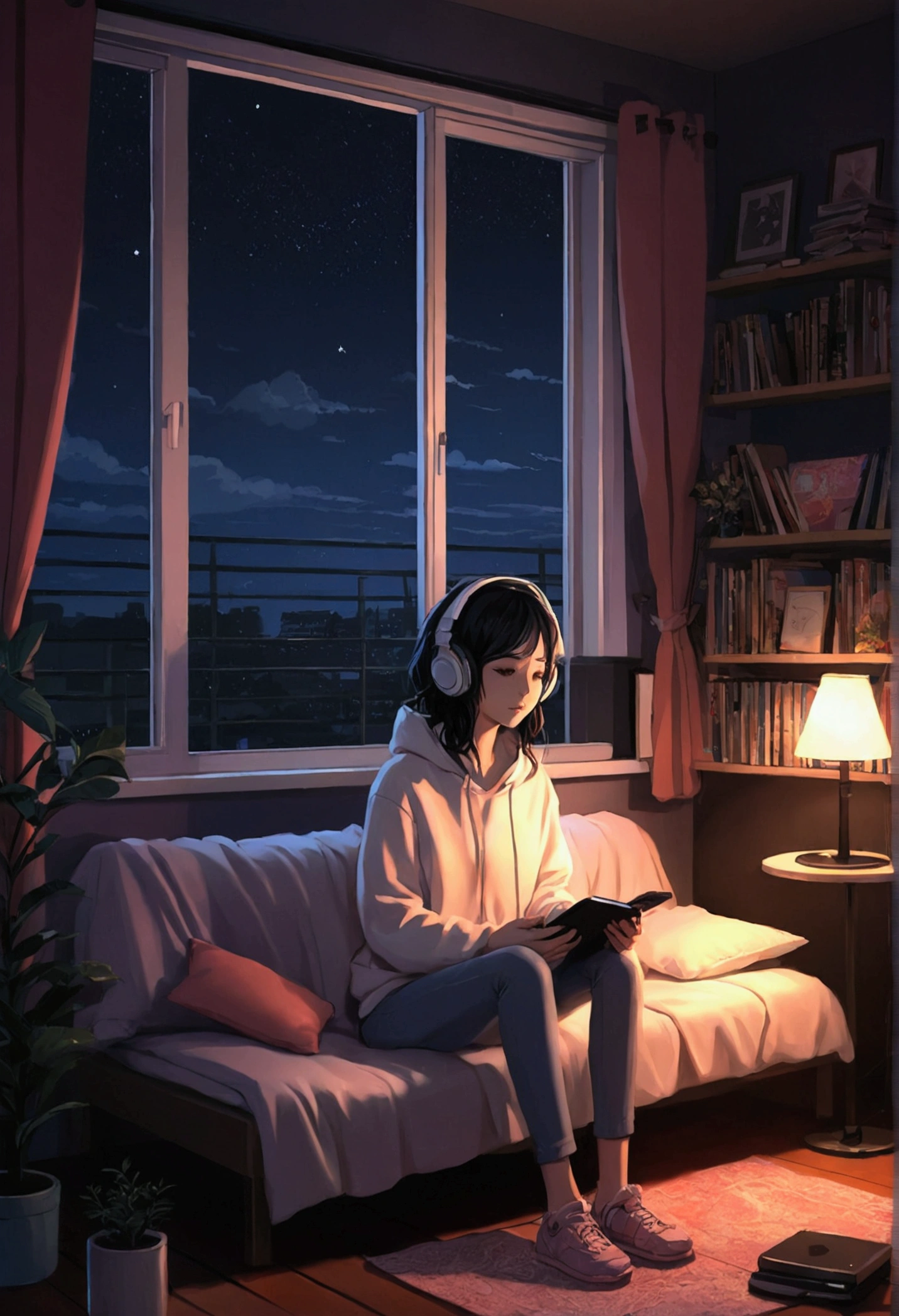 night、Girl listening to music in a cozy room, Use headphones, 2D Style Anime, Lo-Fi, hard disk, Dark Environment