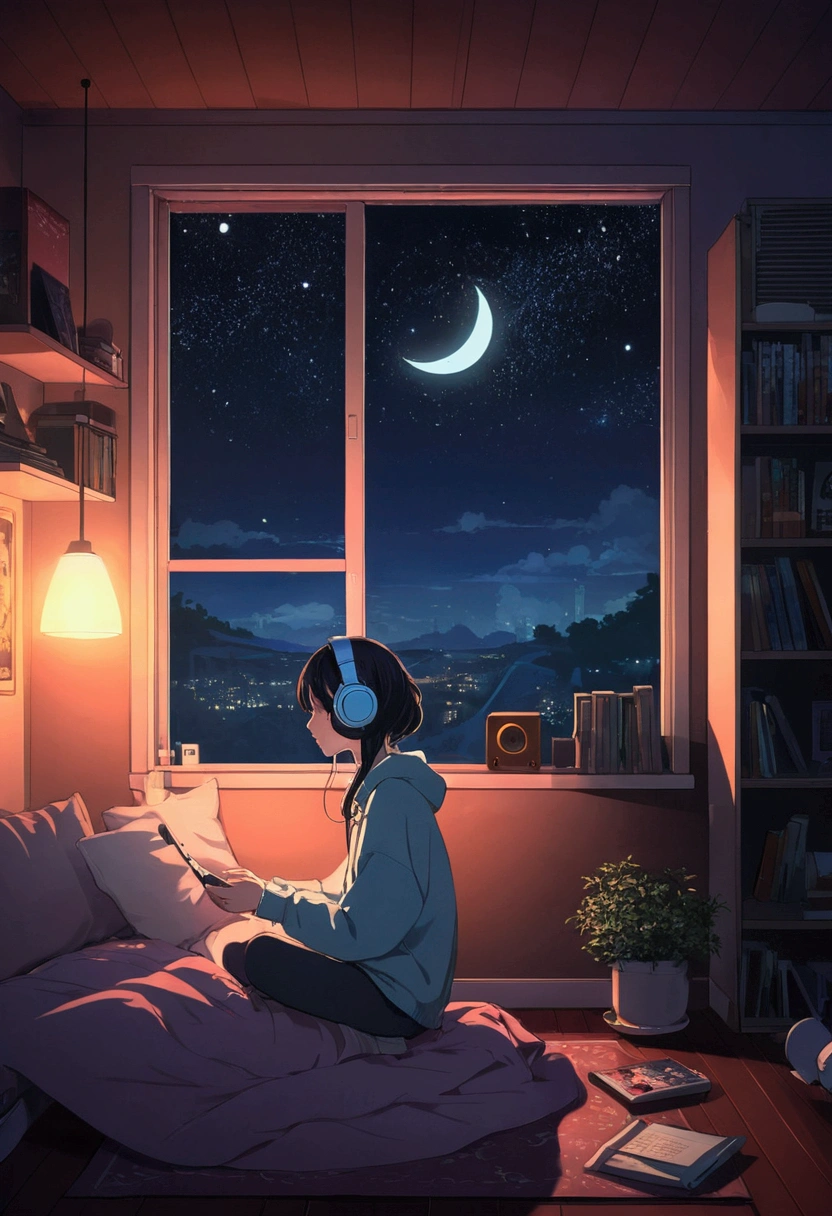night、Girl listening to music in a cozy room, Use headphones, 2D Style Anime, Lo-Fi, hard disk, Dark Environment