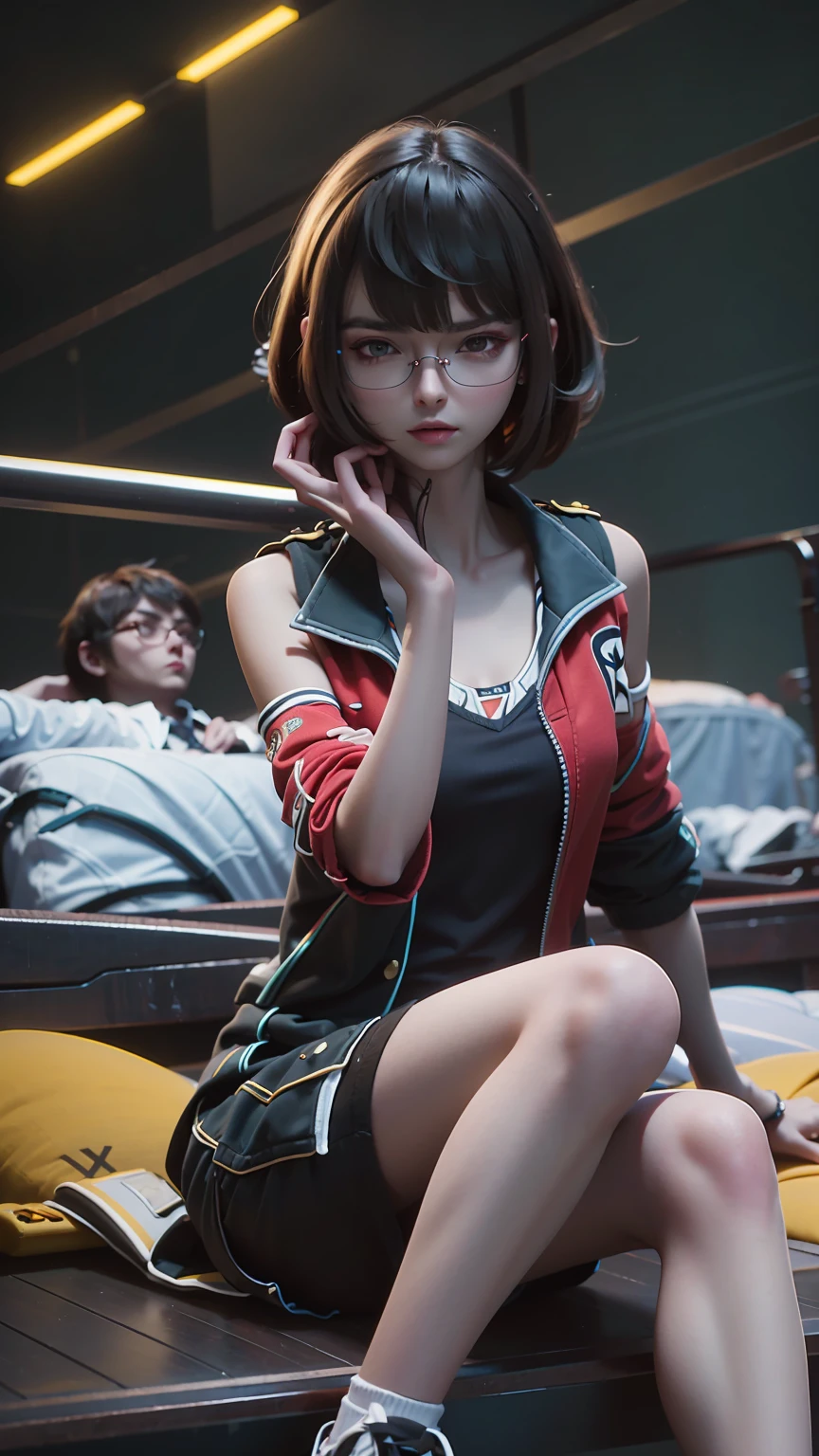 a beautiful young woman with brown eyes and brown hair, sitting cross-legged on a bed, one leg slightly raised, wearing black shorts, a red tank top, an open white jacket, white thigh-high socks, and sneakers, against a fiery background, in an athletic pose