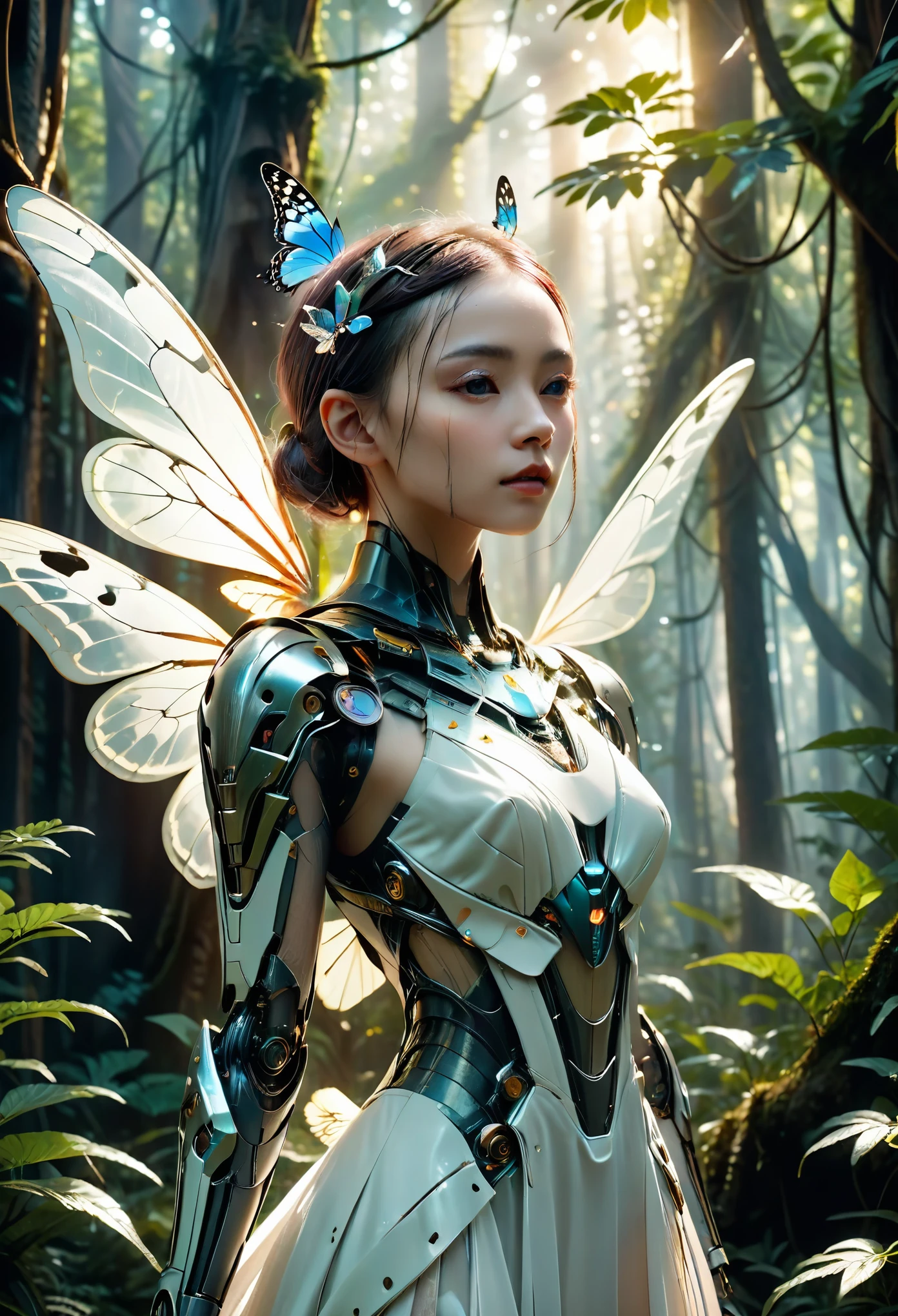 a beautiful cyborg woman with a shaved head wearing a thin white dress, with large butterfly wings, in a fantasy forest setting, highly detailed, masterpiece, 8k, photorealistic, cinematic lighting, vibrant colors, intricate mechanical details, ethereal, mystical, whimsical