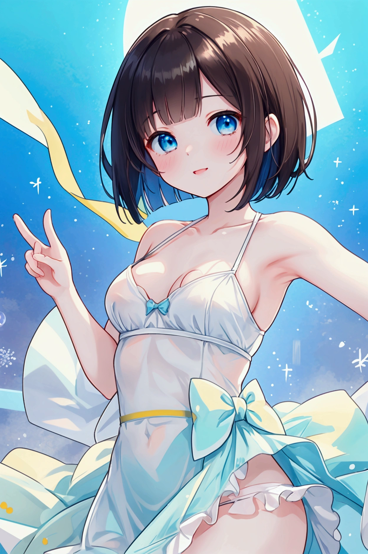 Photorealistic、Highest quality、Highest Resolution、Highest quality、16K、danceをする1人の美しい女性、Cute face、Delicate face、Bob cut hair、Dark Hair Color、Pale blue eyes、Beautiful breasts、studio、dance、