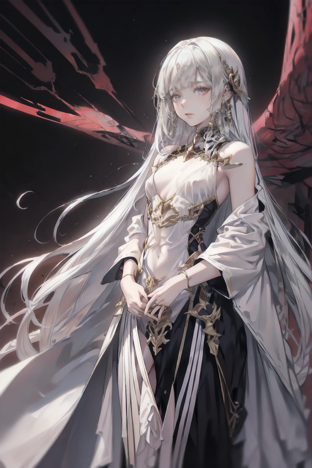alone, woman, Pause, The empty, red glow of the void, Long, messy white hair, Very white skin:1.3, Flat Chest, slim, boredom, Tattered royal gown, Black Aura:.4, rich, magic, Cape to wear on shoulders, Partially skeletonized, Goldsmith's Black Nails, Book, Dungeons, dark, close, holding ancient Book