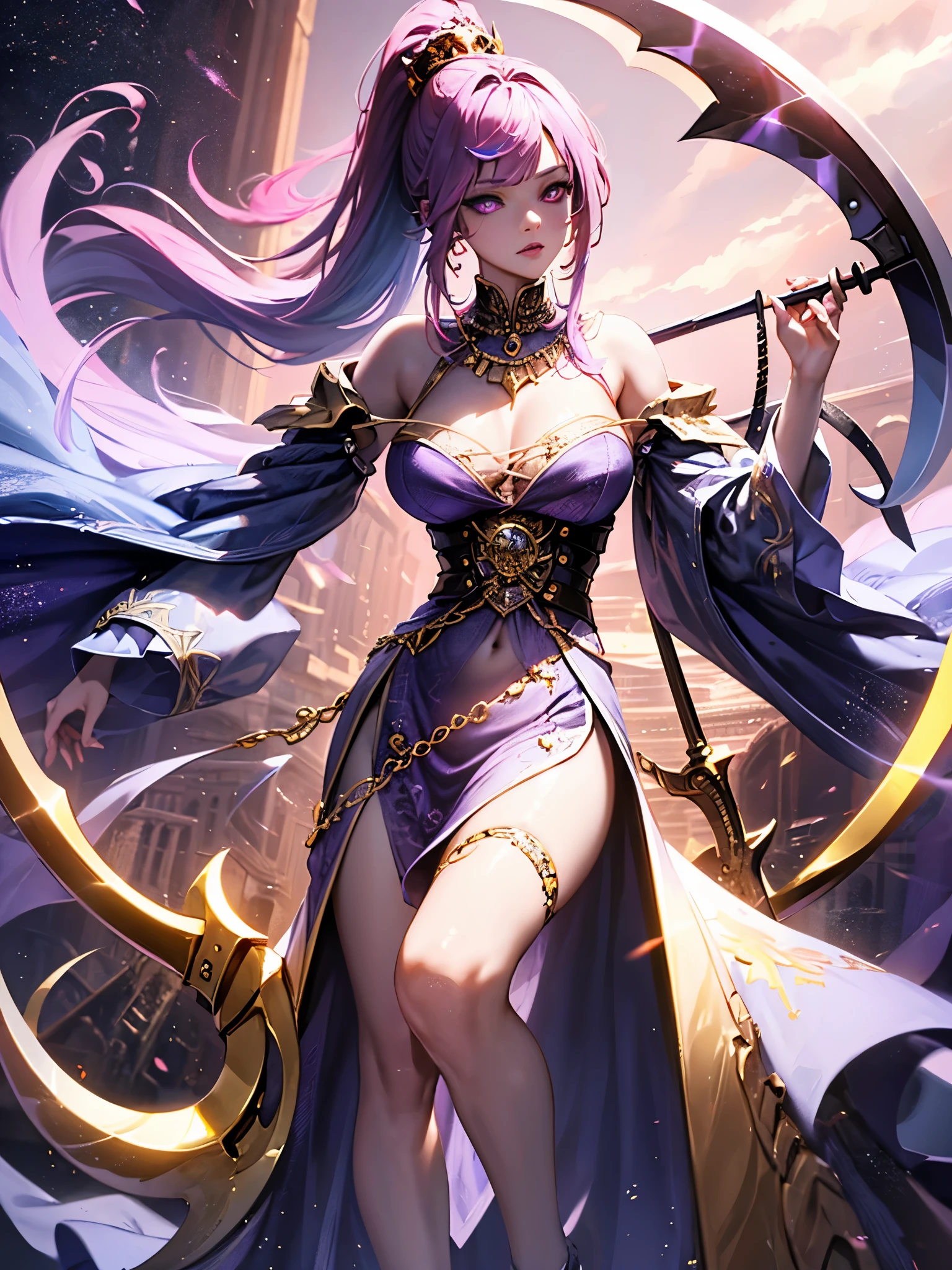Vampire Queen Combat Dress (Radiant Royal Cloak: 1.2) Black and Purple Color, (extremely delicate beautiful eyes and depression but arrogant eyes), (multicolor, ponytail, iridescent hair, colorful hair, half purple and half pink hair: 1.3), (magical, mythic,fantasy), (Super Model Body Shape, idol, seducing body, attractive, gorgeous, charming, majesty, Sexy Devil aura), Original Character, Masterpiece, Tempting Purple Eyes, Purple Gemstone Accessories, Gold Belt, Gold Necklace, Wind Evil and body floating effect, Soft Moonlight, unique crown, (Corruption Tattoo on 1;1.25), (holding a Giant Scythe 1:1.3), 16k wallpaper style,bare shoulders, cute, solo, stars, stardust, shiny body detailed, killing scenario, legend, pink lips, cinematic lighting, full body close-up, scale up, twilight, dark magic, dark element, villain, battle mage