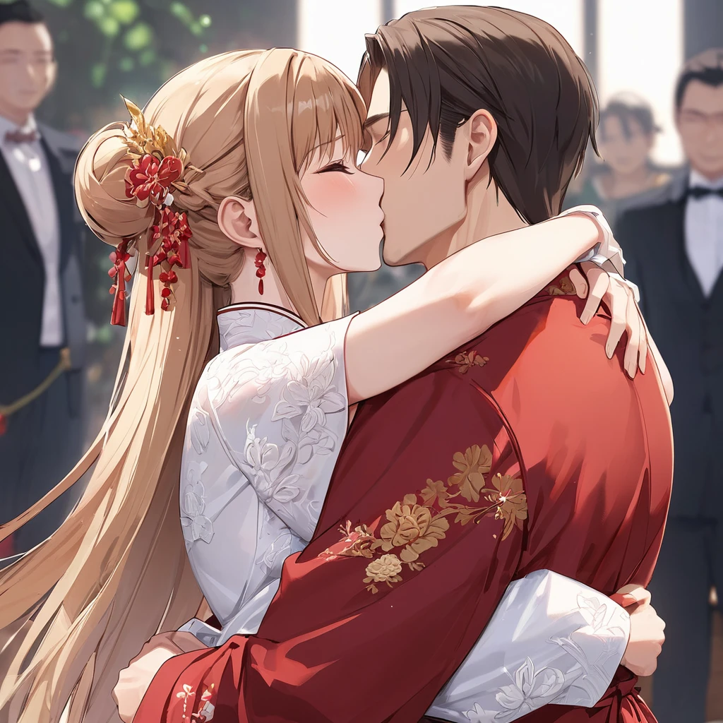 ((Highest quality)), ((masterpiece)), (detailed), （Perfect Face）、The woman was Yuuki Asuna, with her light brown, medium-long hair tied up in a bun. She was wearing a gorgeous red wedding kimono with gold embroidery and trim, and was adorned with gorgeous accessories and an engagement ring.、The woman and a handsome, dignified middle-aged Chinese man embrace each other, kiss each other, and hold a grand wedding ceremony.