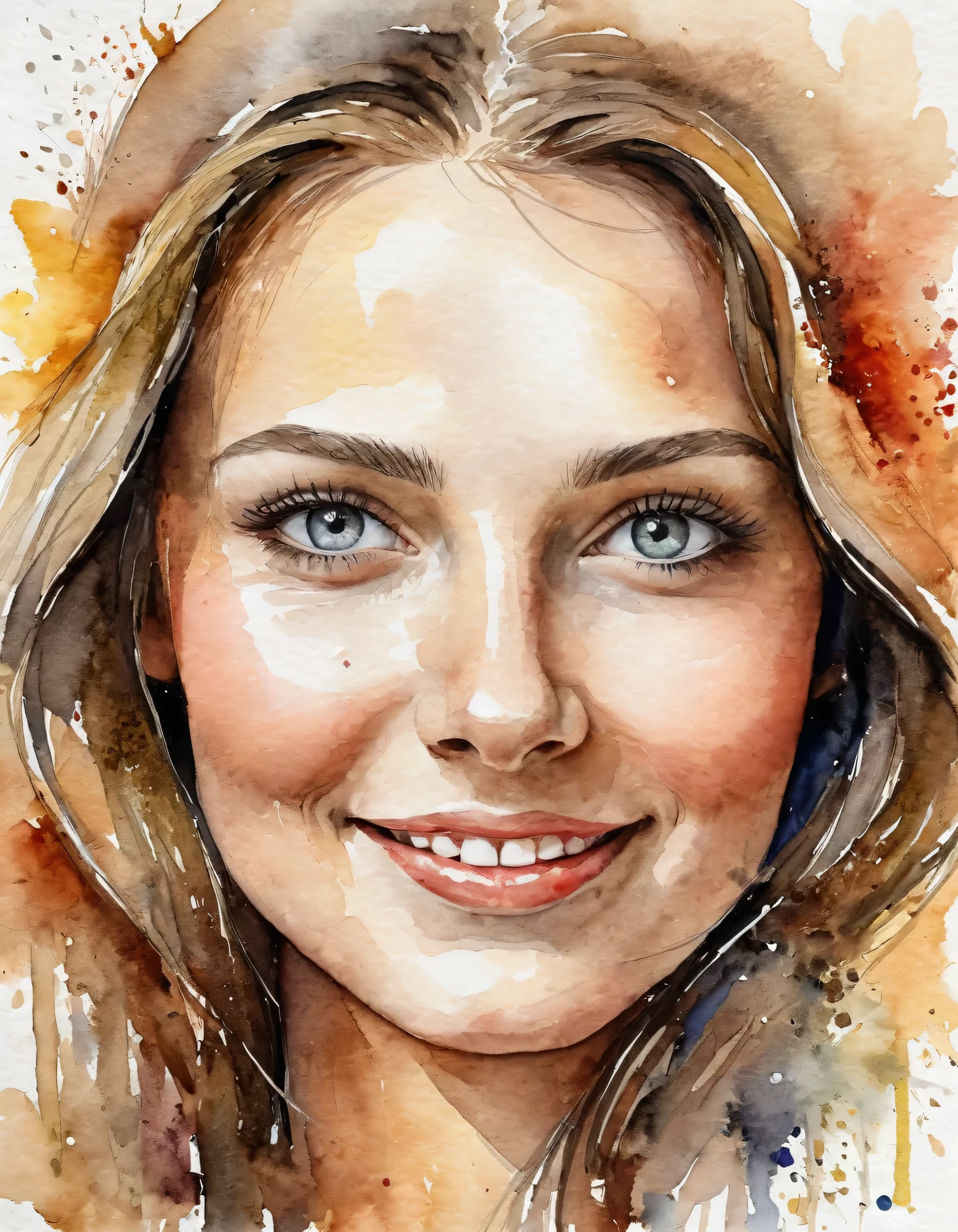 watercolor, Textured portrait of a beautiful woman with expressive eyes: Slavic appearance, Correct facial features, smile, radiating warmth and love.