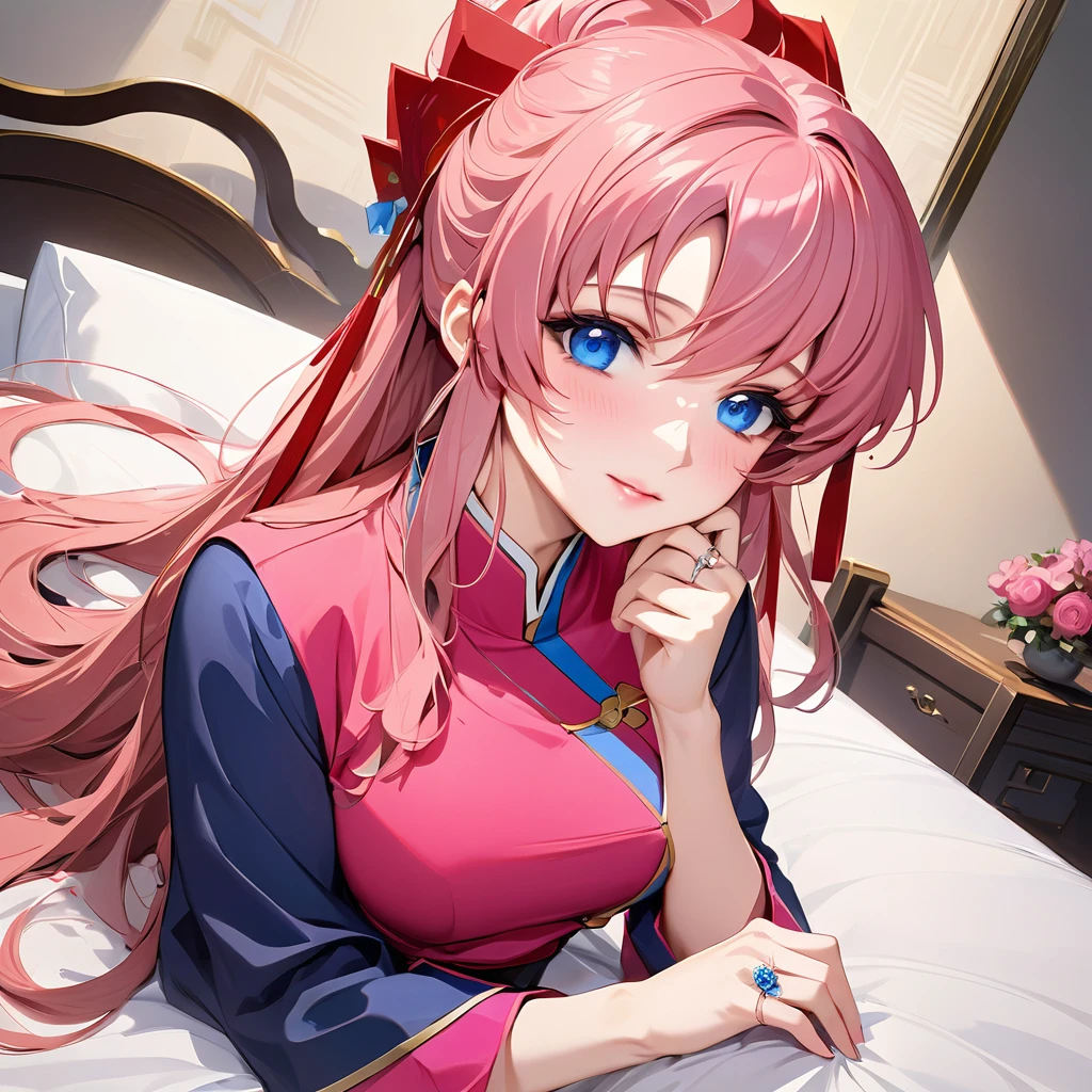((Highest quality)), ((masterpiece)), (detailed), （Perfect Face）、The woman is Lacus Clyne, who is married to a Chinese man, and is an ordinary Chinese woman with blue eyes, pink, medium-long hair, and an engagement ring.、The woman is dressed in typical Chinese clothing.