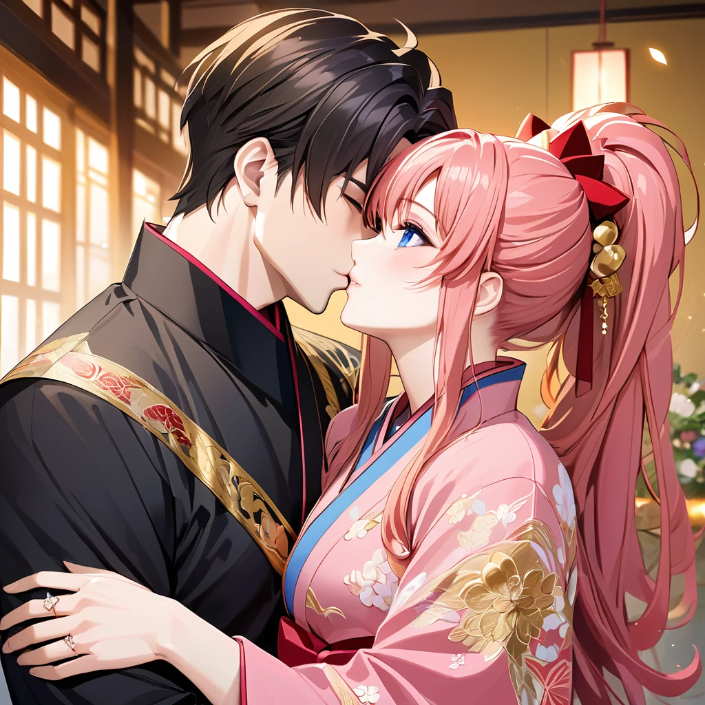 ((Highest quality)), ((masterpiece)), (detailed), （Perfect Face）、The woman is Lacus Clyne, with blue eyes and semi-long pink hair tied up in a ponytail. She is dressed in a gorgeous red wedding kimono with gold embroidery and trim, and is adorned with gorgeous accessories and an engagement ring.、The woman and a handsome, dignified middle-aged Chinese man embrace each other, kiss each other, and hold a grand wedding ceremony.