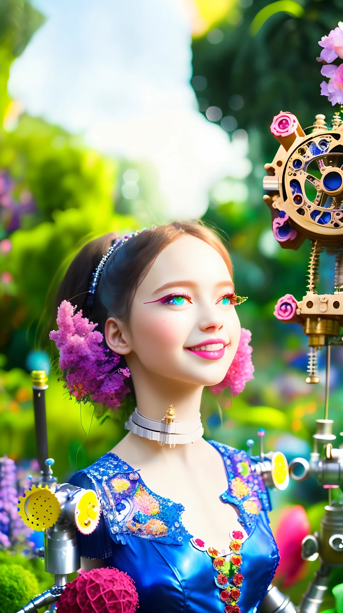 a cyberpunk mechanical creature, a robot humanoid, comically leaping in a lush park, highly detailed, intricate gears and mechanisms, vibrant colors, cinematic lighting, award winning digital art, octane render, 8K, HDR, hyper realistic, photorealistic, dynamic pose, playful expression, metallic surfaces, complex textures, nature elements, beautiful bokeh background